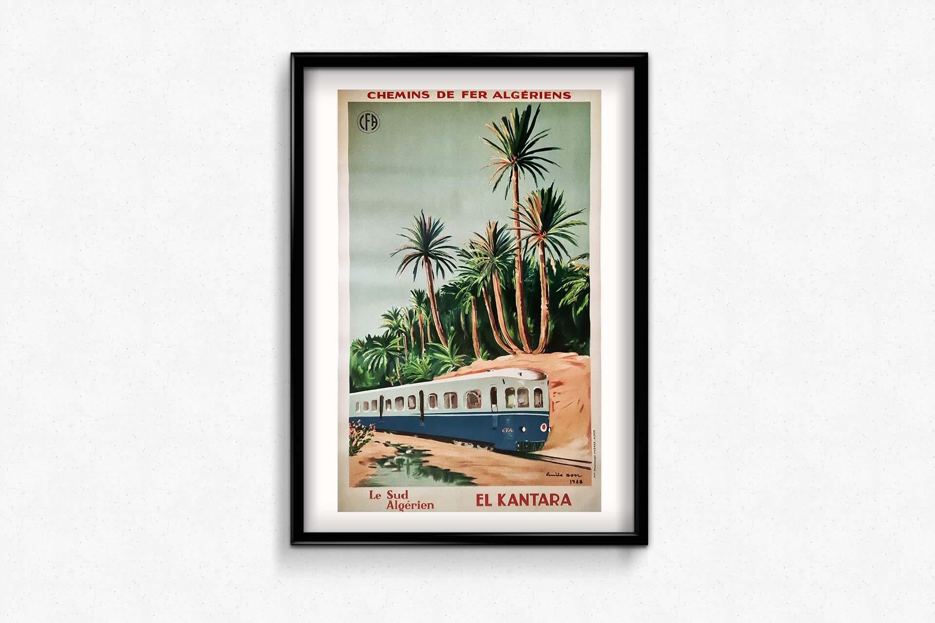 Beautiful poster of Emil Bon for the Algerian railroads, towards the Sahara passing by the famous canyon of El Kantara. El Kantara is a town and commune in the province of Biskra, Algeria. The 1911 Baedeker travel guide describes it as 
