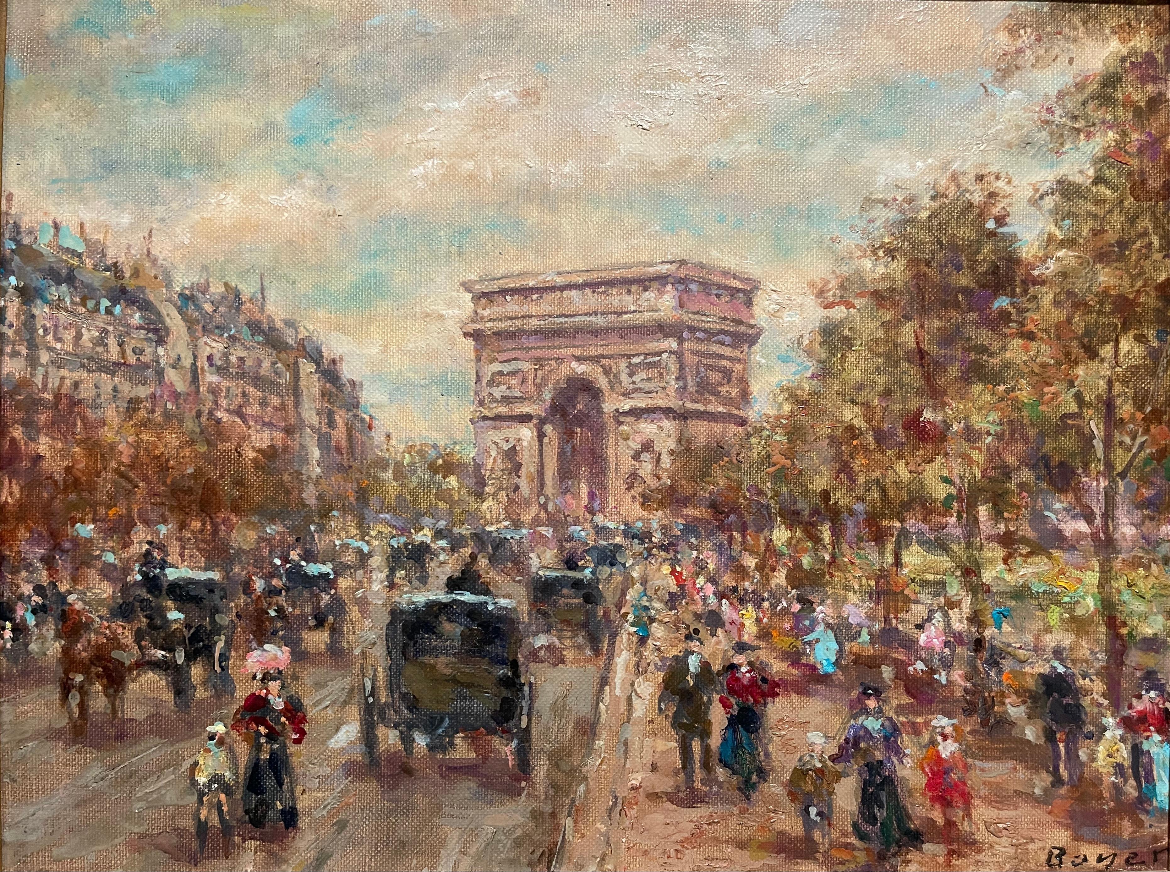 Painting, oil on canvas, representing the Arc de Triomphe seen from Avenue Foch in Paris. Canvas in very good condition signed and countersigned 