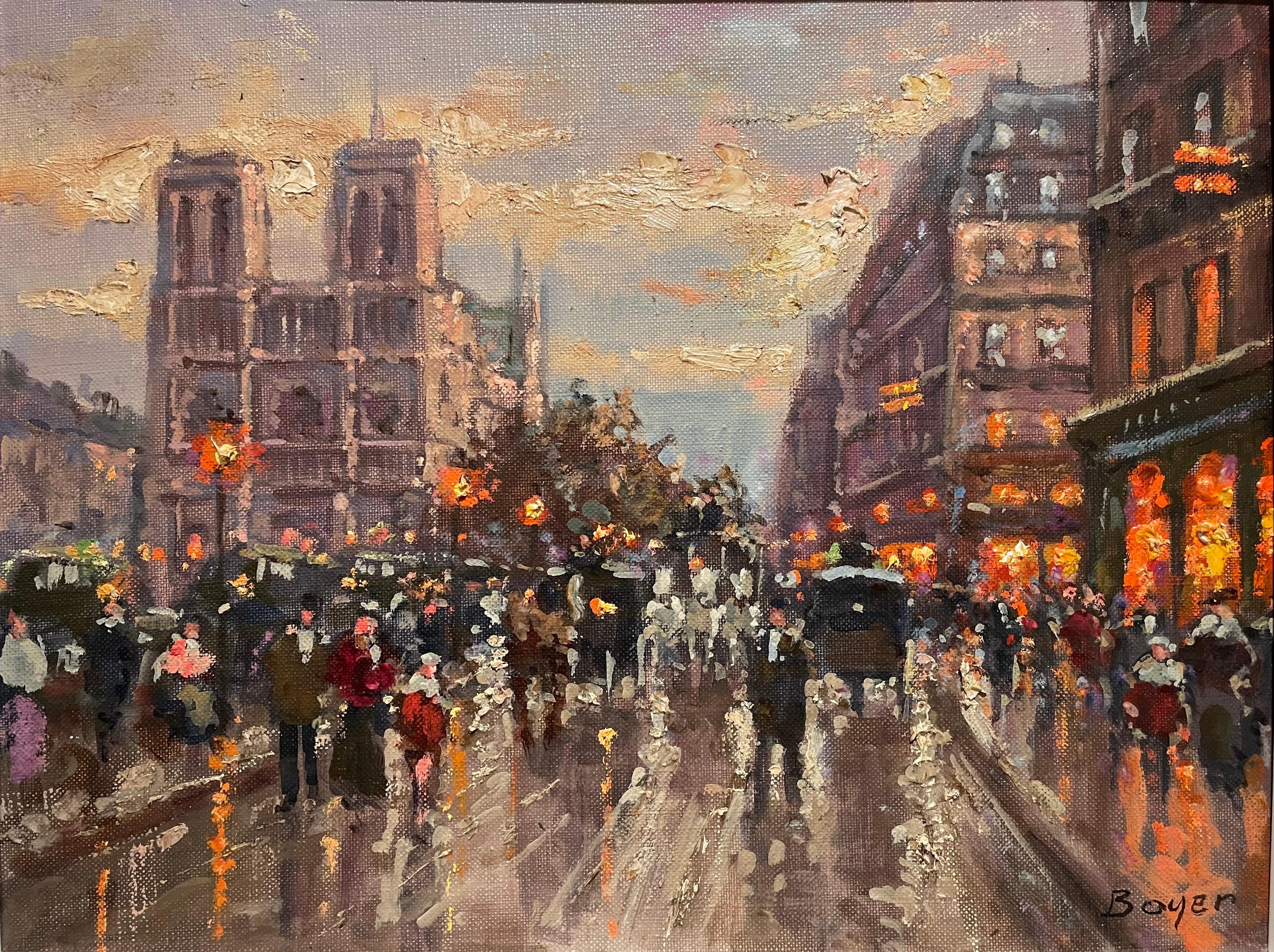 Painting, oil on canvas, representing Notre Dame de Paris Cathedral seen from Boulevards des Augustins. Very lively scene at nightfall. Canvas signed and countersigned 