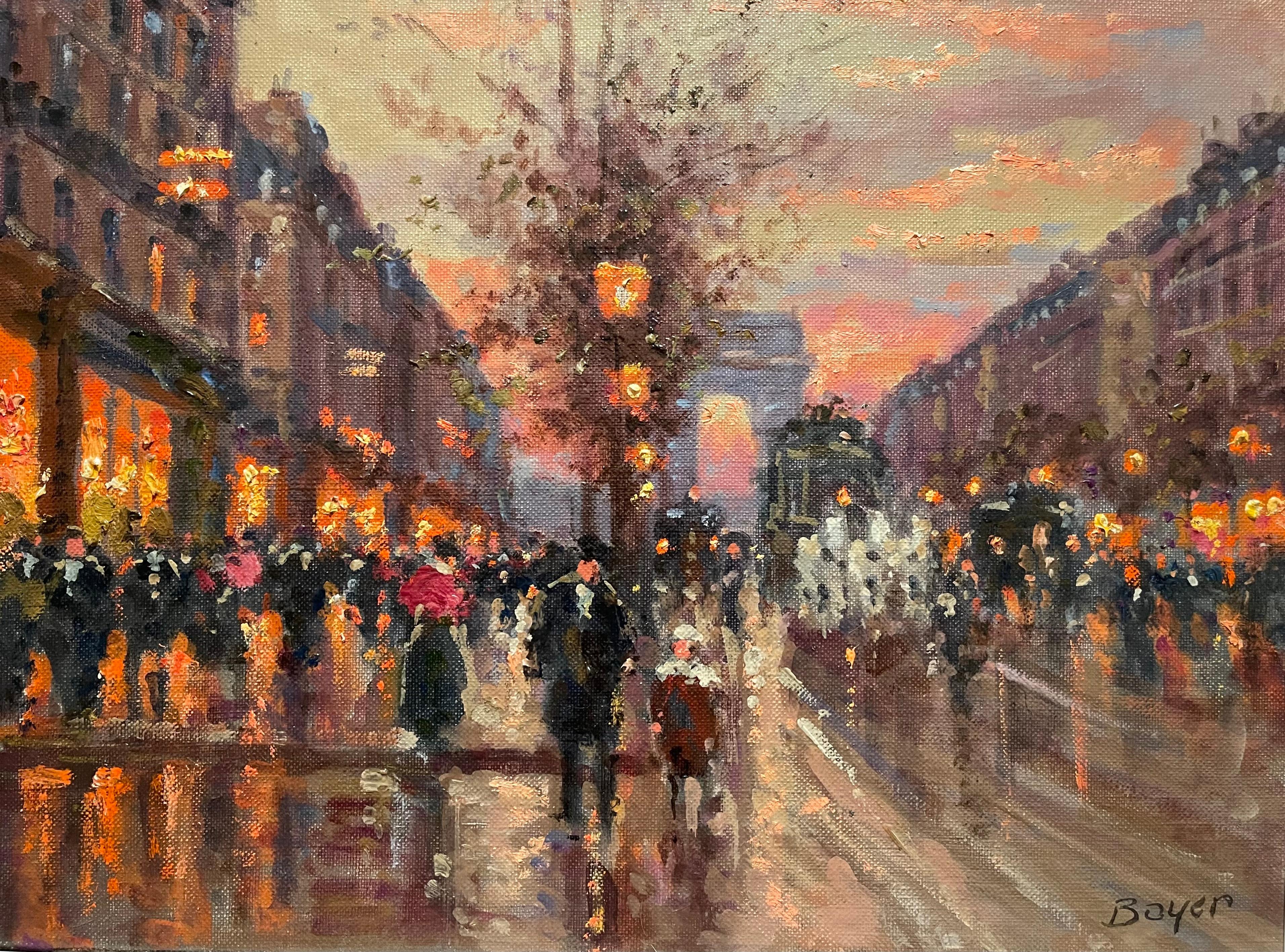 Painting, oil on canvas, representing Paris and its unmissable Champs Élysées, at night, adorned with all its lights. Very lively scene and canvas in very good condition. Signed and countersigned 