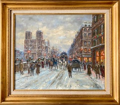 19th century style French impressionist cityscape Boulevard de Paris Notre Dame