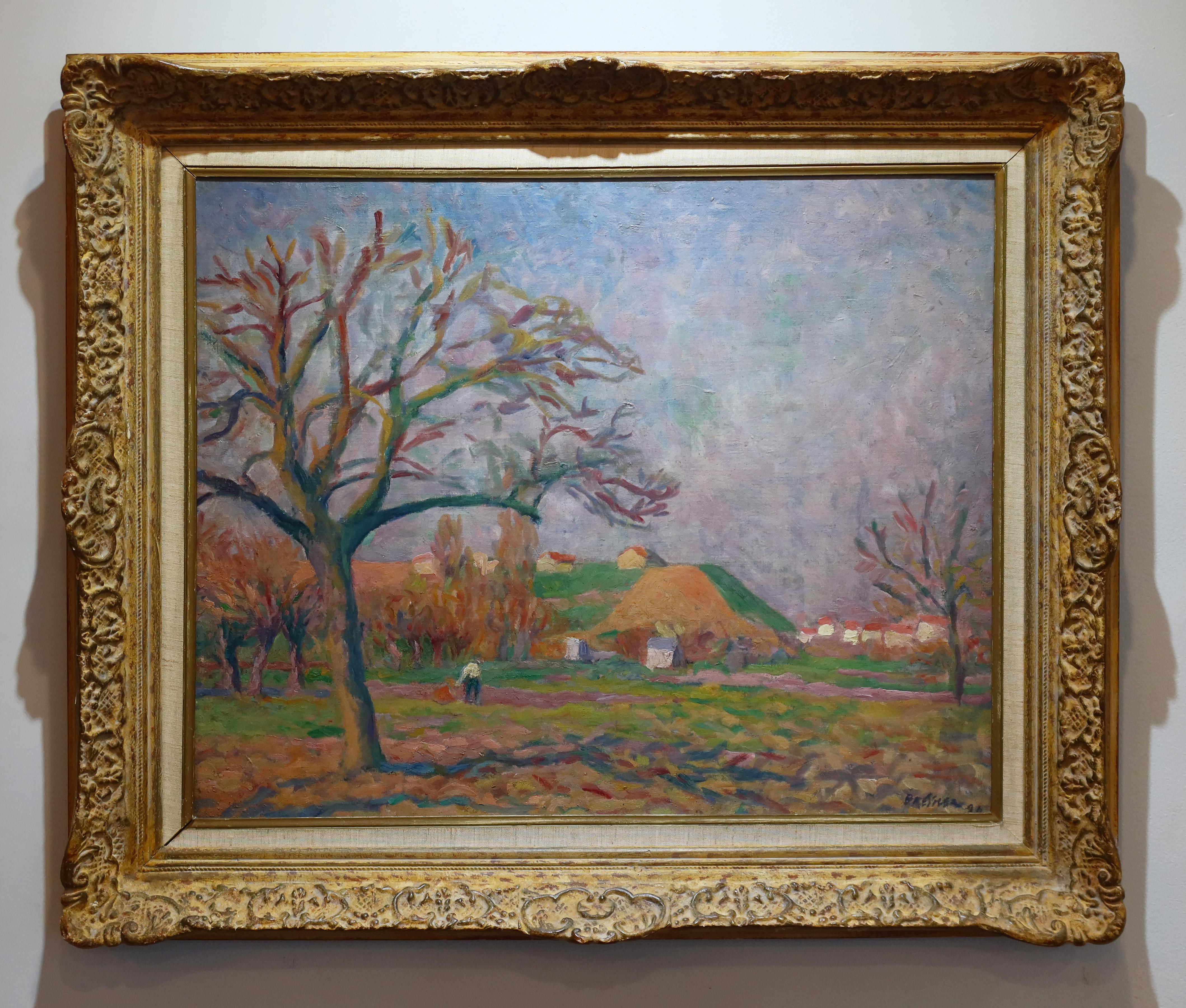 1920 COLORFUL Impressionist French/Swiss Landscape Painting FIGURE STROLLING For Sale 1