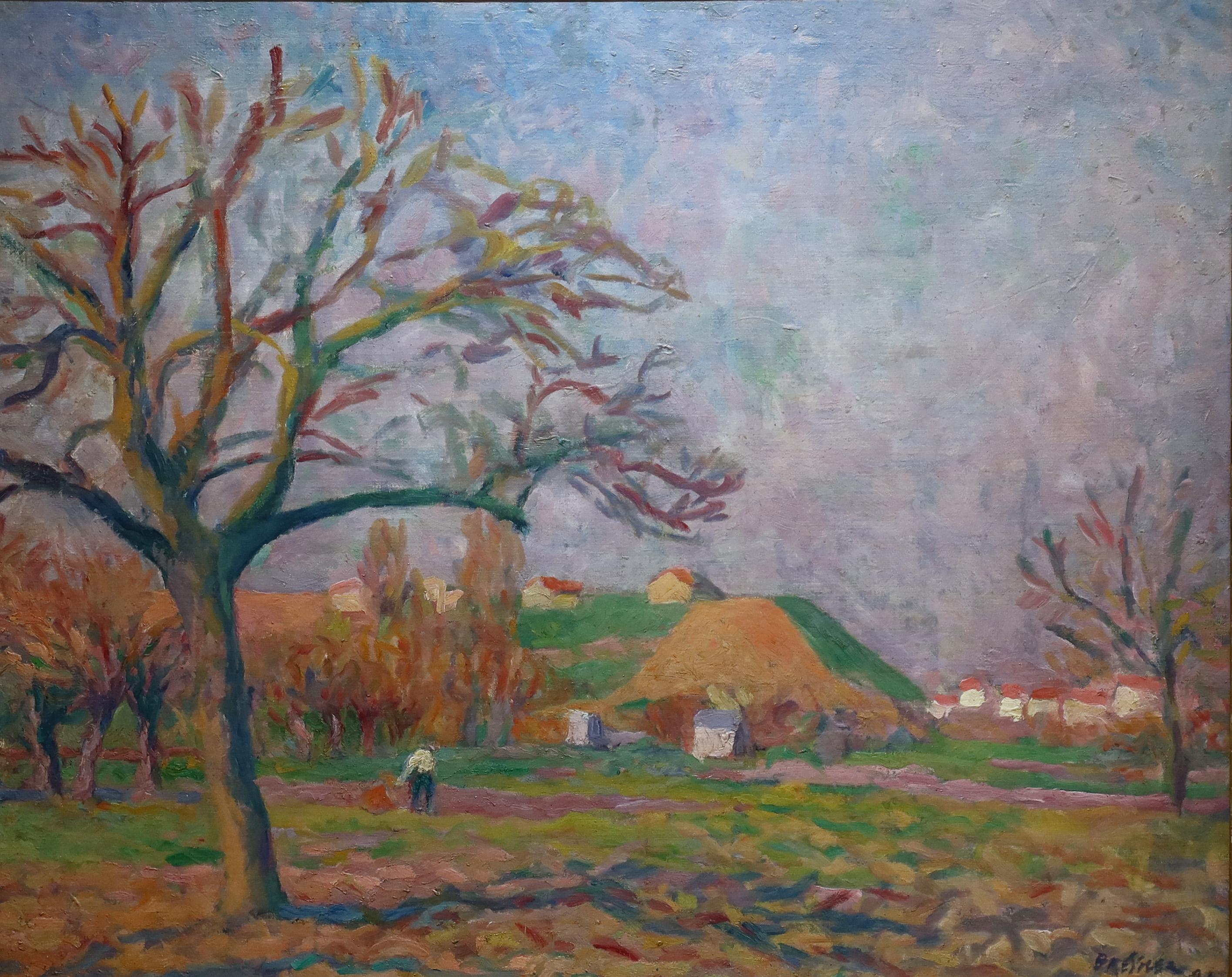 Zu verkaufen, Emile Bressler (1886 - 1966).... Ein schweizerisch/französischer Maler des Impressionismus, der zum
Berühmt in Genf in den 1920er Jahren.  

Das Bild zeigt eine Figur, die durch einen Weg mit einem gemalten Dorf im Hintergrund