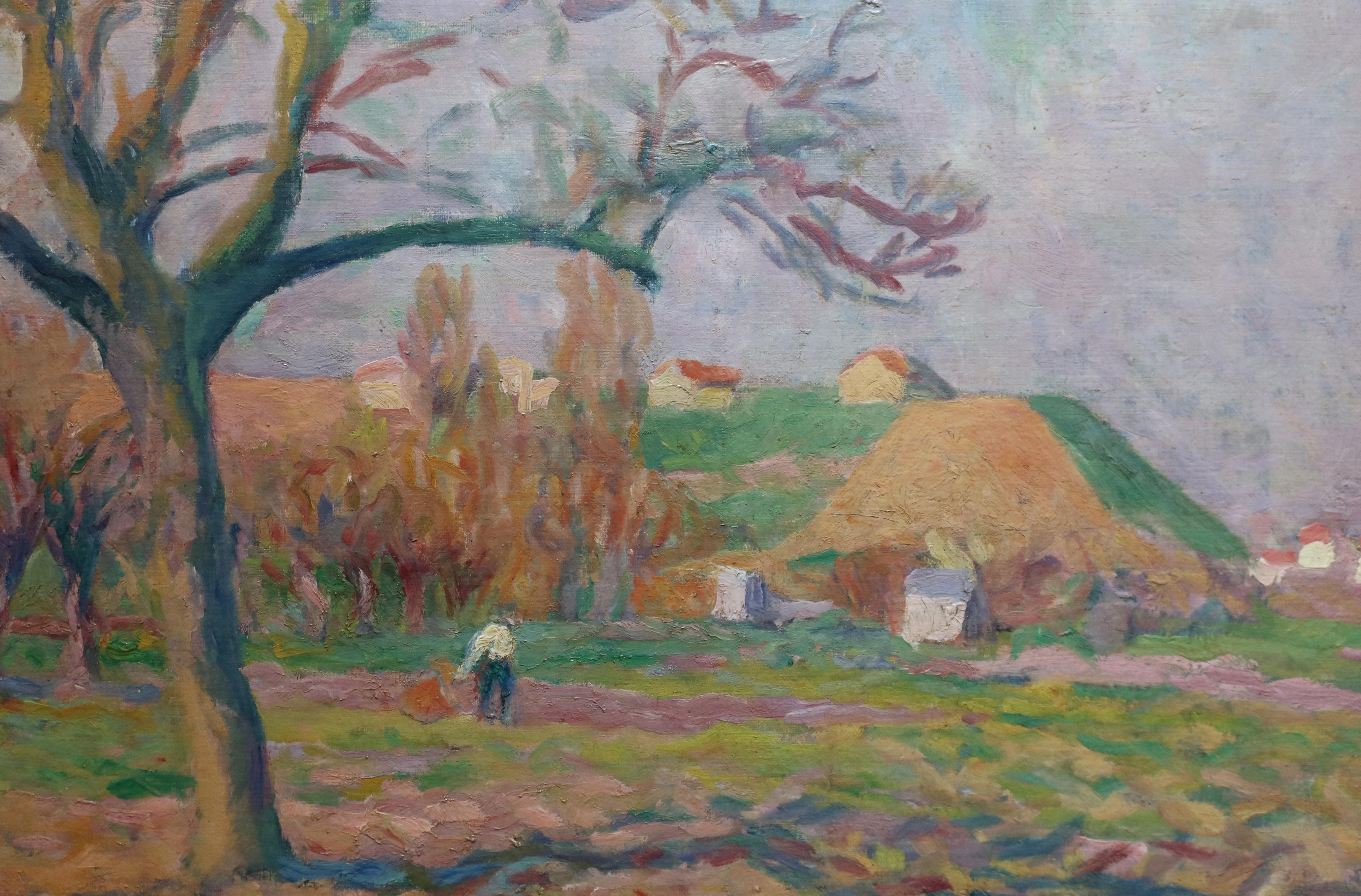 1920 FARBIGES impressionistisches französisch-schweizerisches Landschaftsgemälde FIGUR STROLLEND im Angebot 2