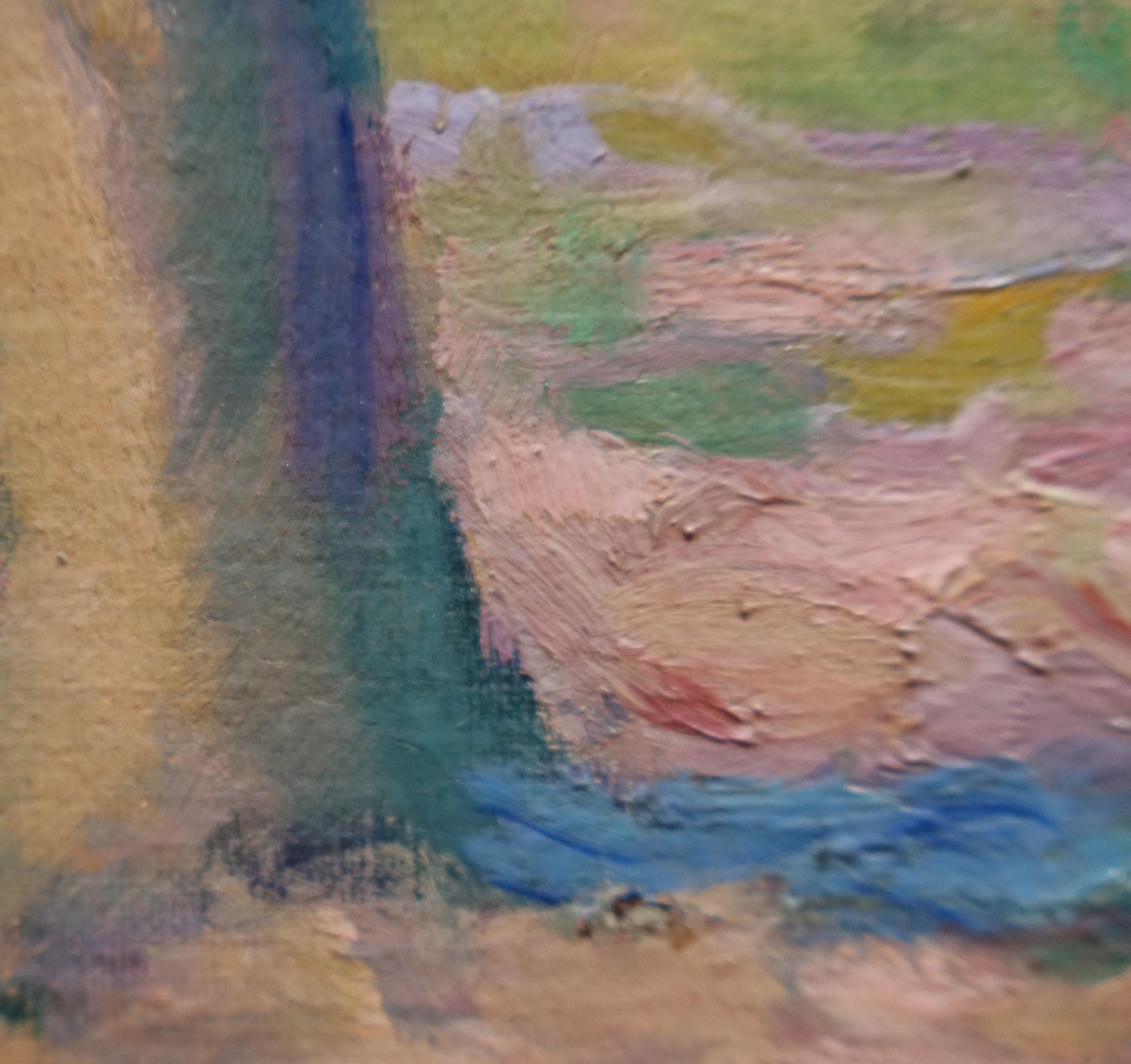 1920 FARBIGES impressionistisches französisch-schweizerisches Landschaftsgemälde FIGUR STROLLEND im Angebot 3