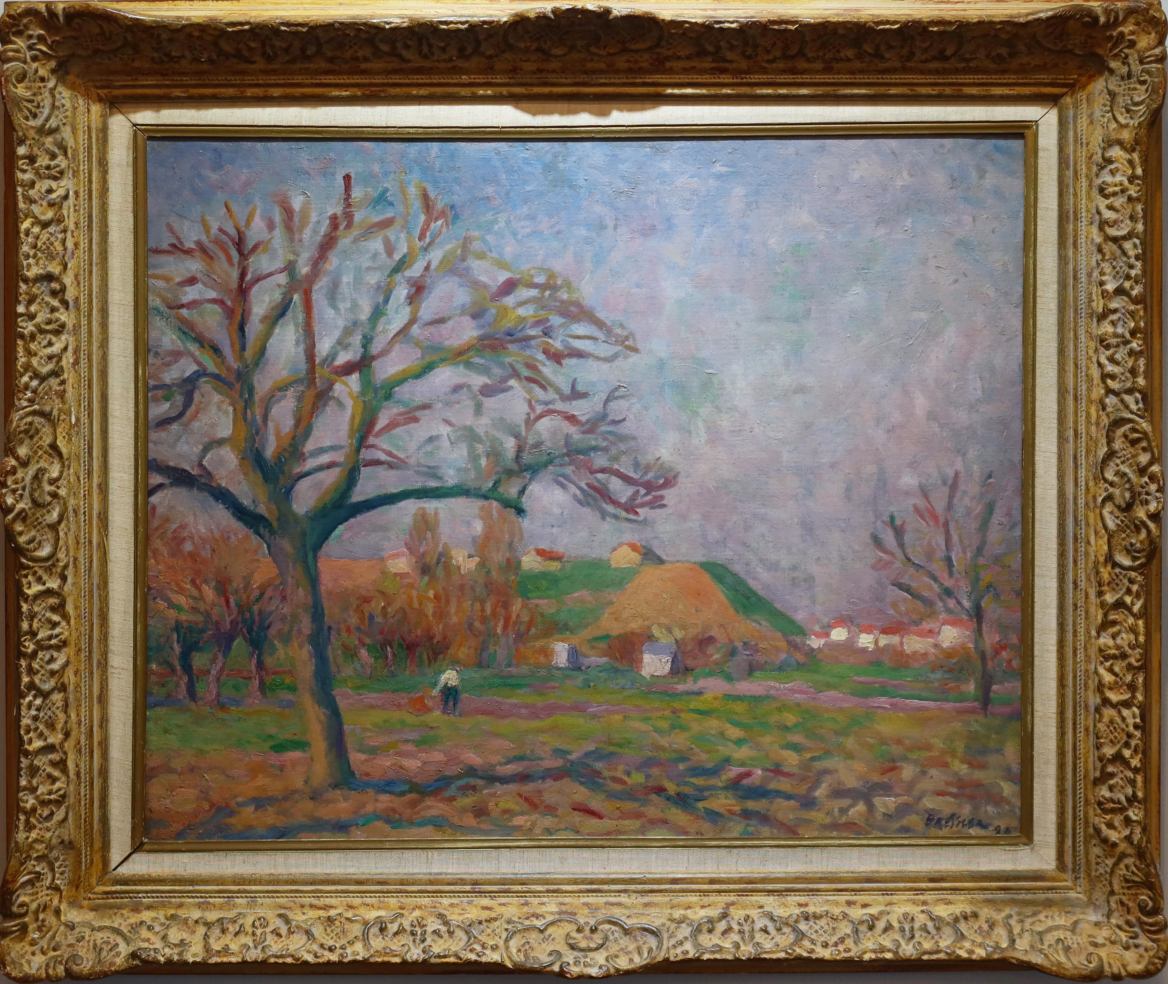 1920 FARBIGES impressionistisches französisch-schweizerisches Landschaftsgemälde FIGUR STROLLEND – Painting von Emile Bressler
