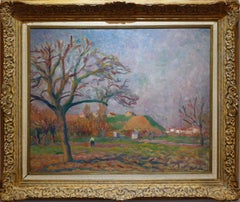Antique 1920 COLORFUL Impressionist French/Swiss Landscape Painting FIGURE STROLLING