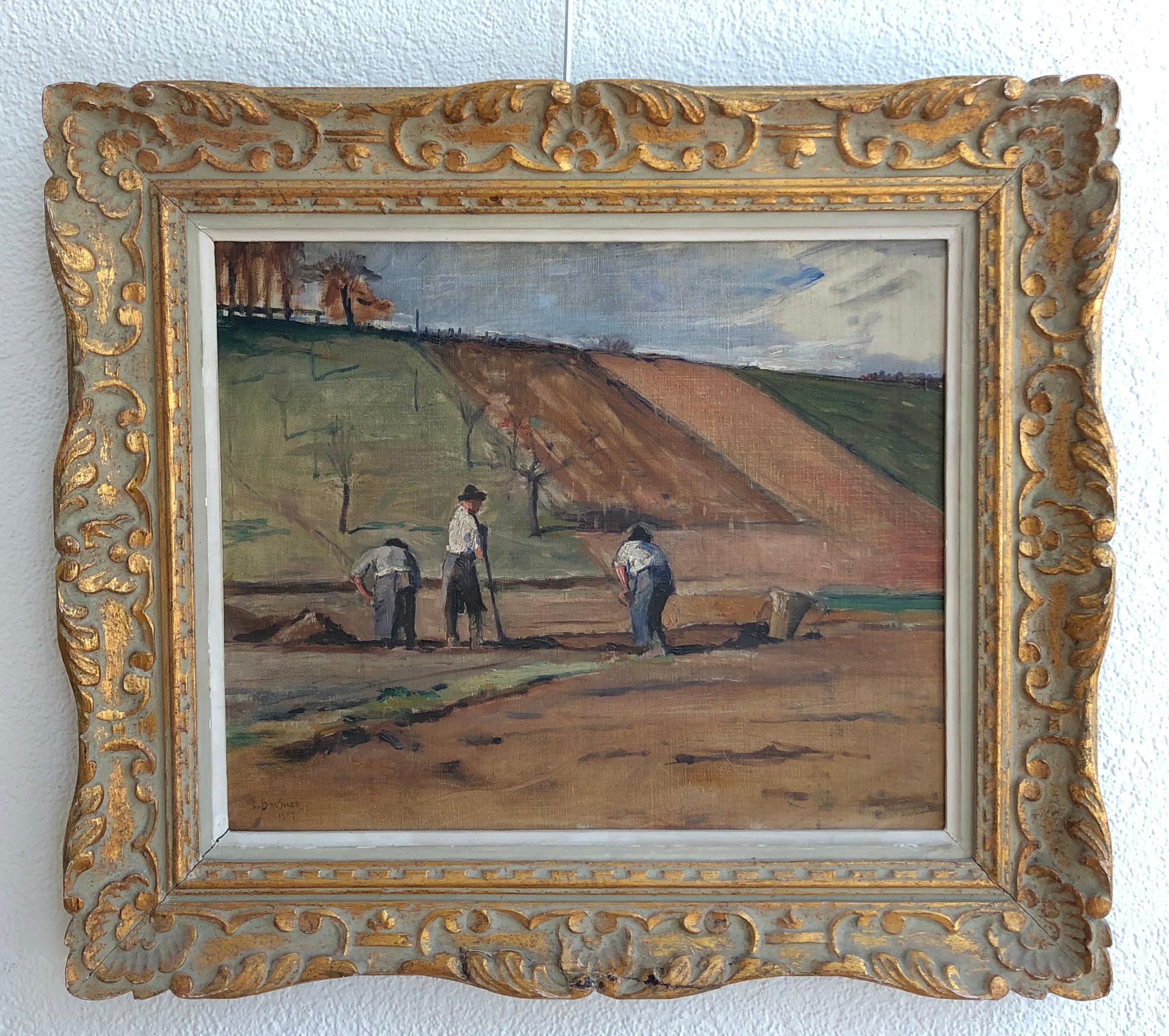 Peasants plowing the land - Painting by Emile Bressler