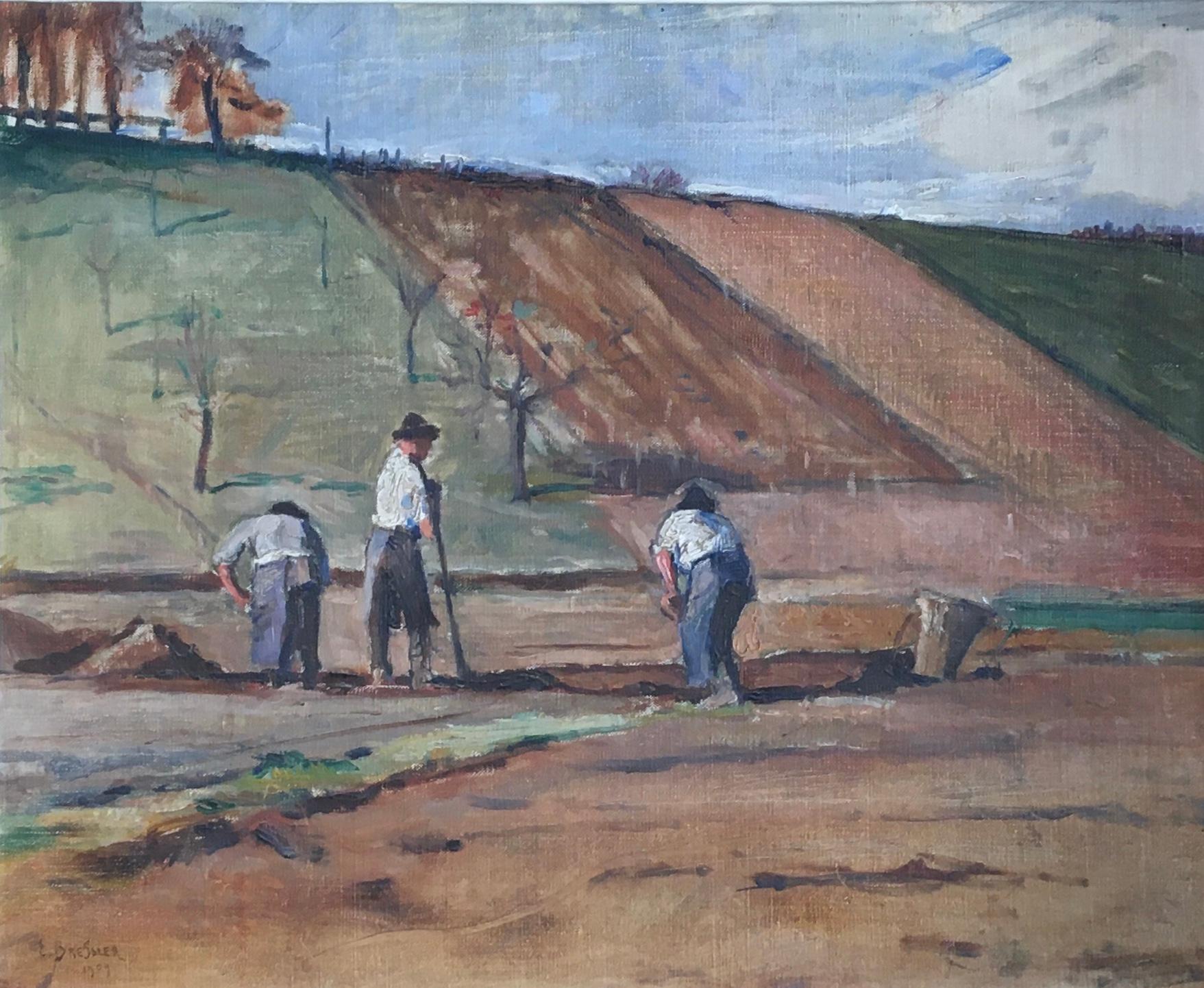 Emile Bressler Landscape Painting - Peasants plowing the land