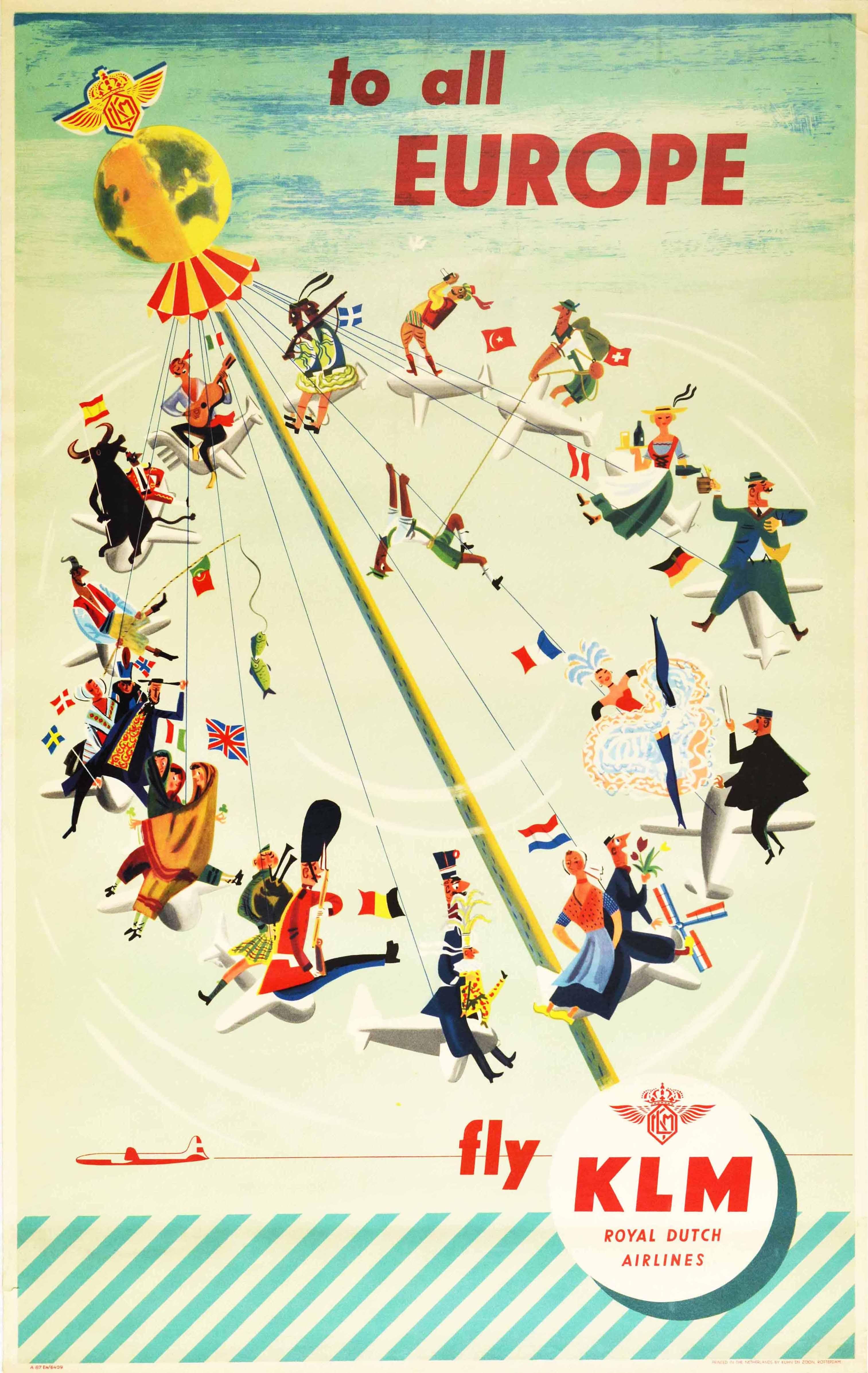 Emile Brumsteede Print - Original Vintage Airline Travel Poster To All Europe Fly KLM Carousel Swing Art