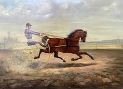 Antique painting signed Émile Bujon, 1873, equestrian scene with sulky and carri