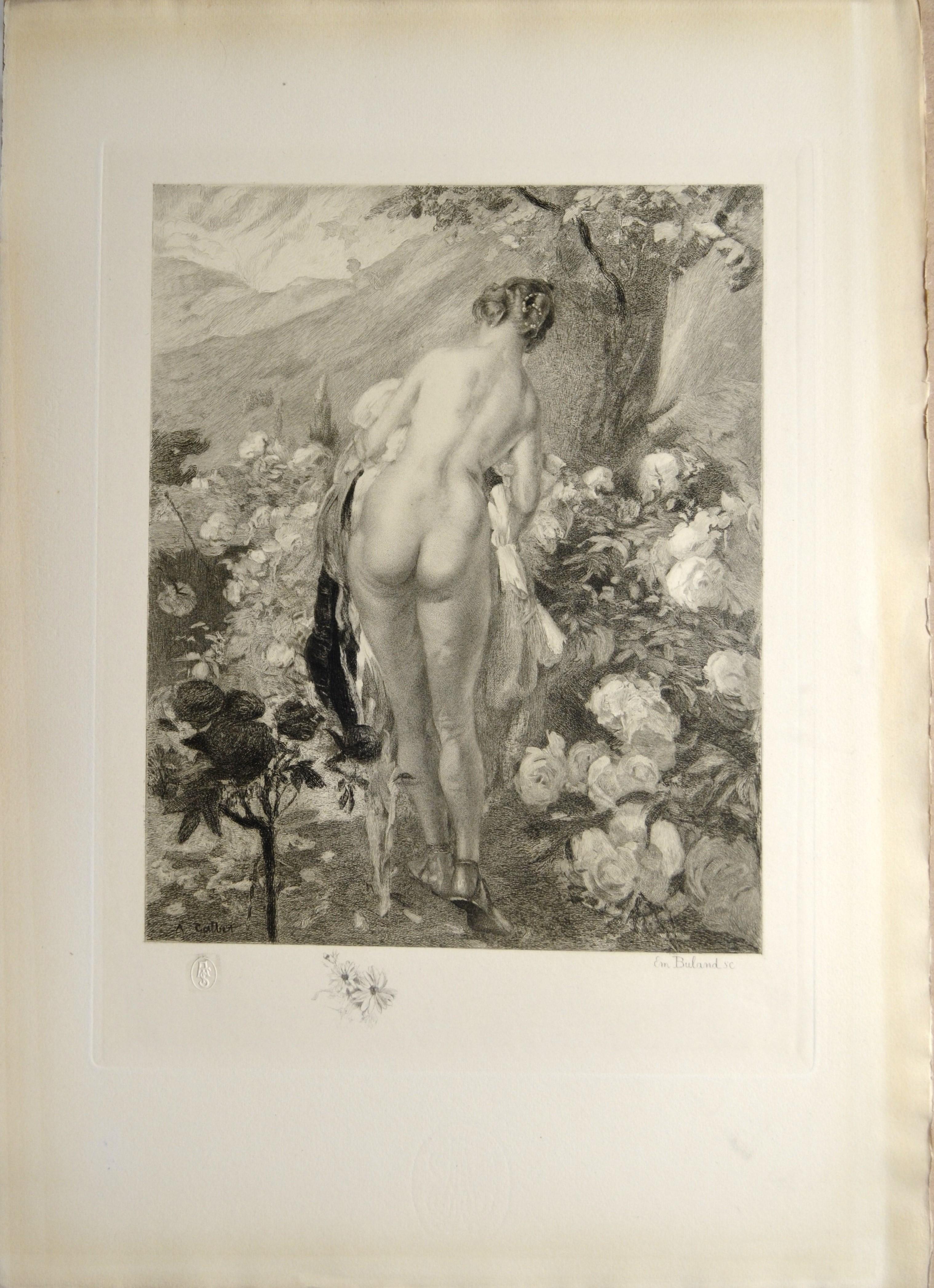 Emile Buland (1857-1938) Zwei romantische Kupferstiche von Frauen nach Antoine Calbet im Angebot 2