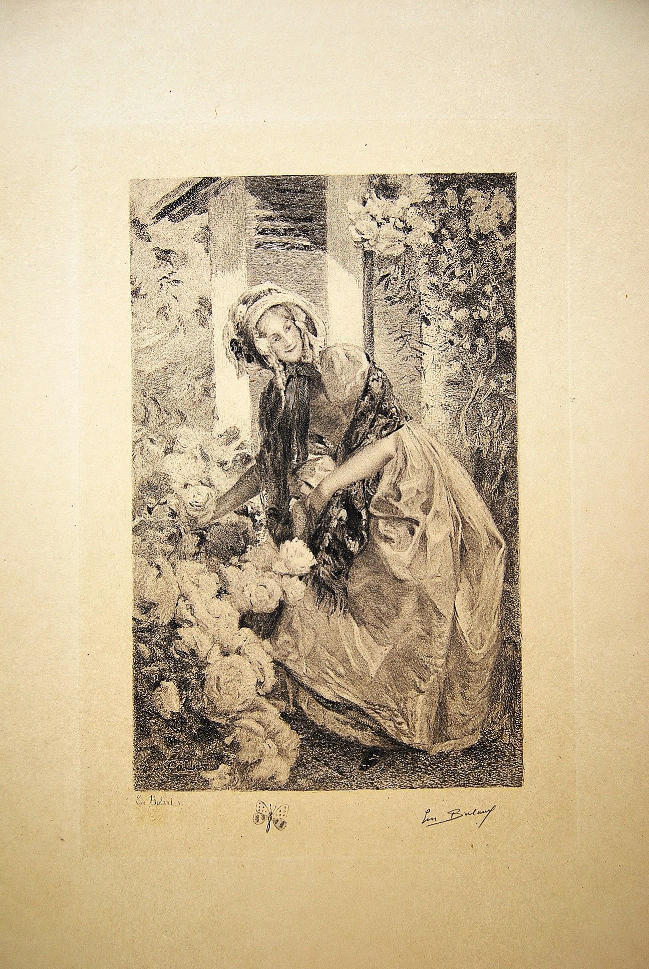 Emile Buland (1857-1938) Zwei romantische Kupferstiche von Frauen nach Antoine Calbet (Romantik) im Angebot