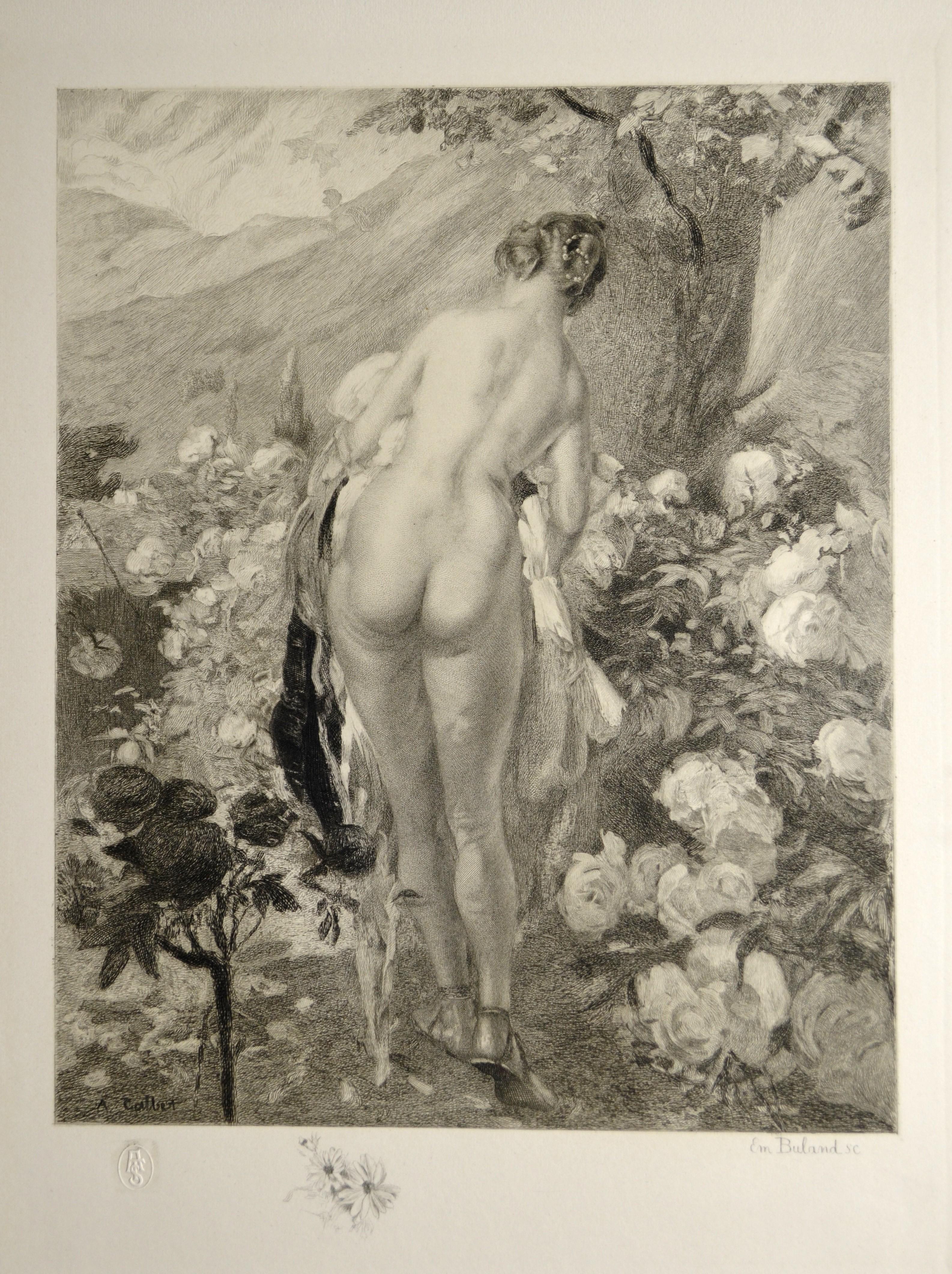 Emile Buland (1857-1938) Zwei romantische Kupferstiche von Frauen nach Antoine Calbet im Angebot 1