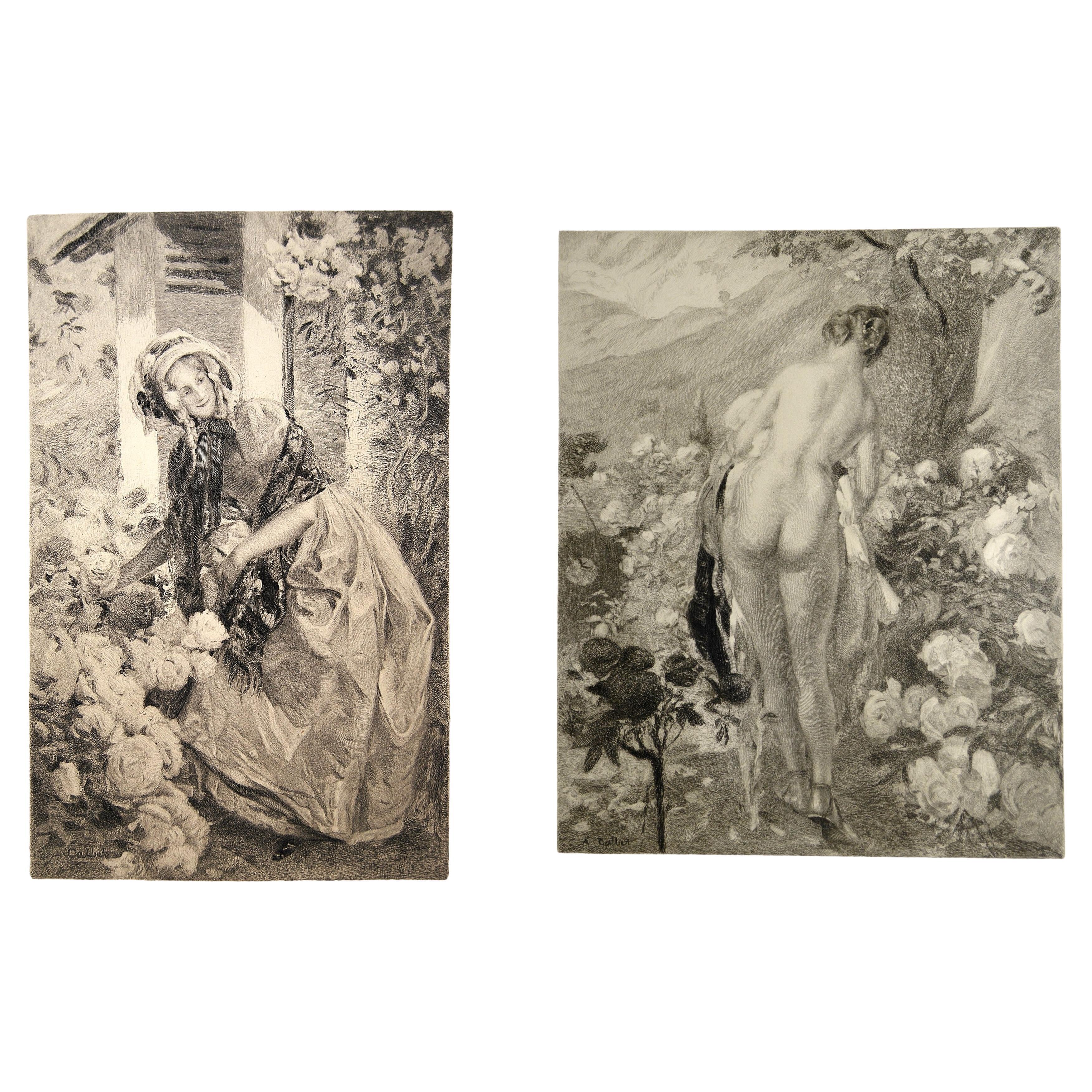 Emile Buland (1857-1938) Zwei romantische Kupferstiche von Frauen nach Antoine Calbet