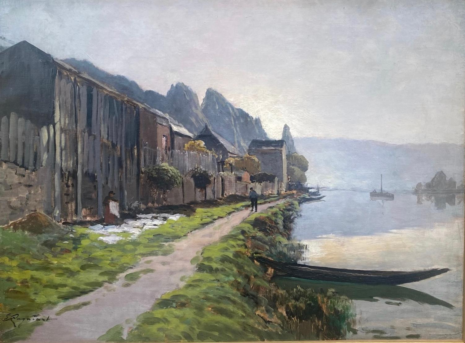 El camino de sirga: actividad junto al río Sena, cielo luminoso, óleo impresionista francés - Painting de Emile Cagniart