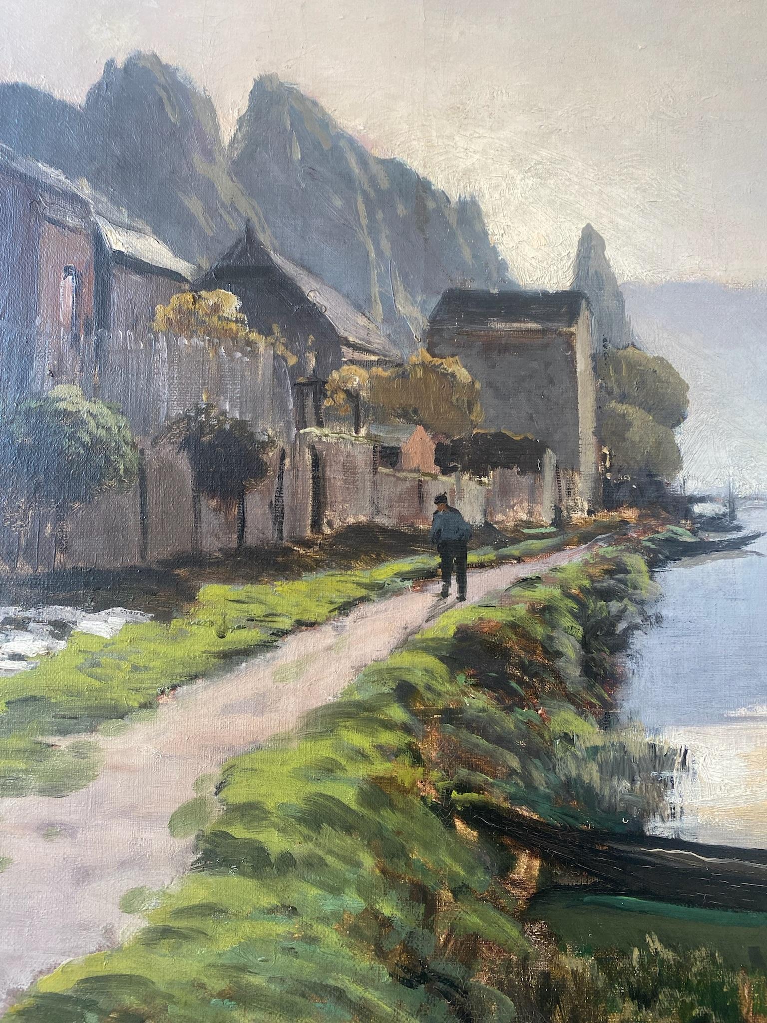 El camino de sirga: actividad junto al río Sena, cielo luminoso, óleo impresionista francés - Figurative Painting Marrón de Emile Cagniart
