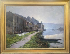 El camino de sirga: actividad junto al río Sena, cielo luminoso, óleo impresionista francés