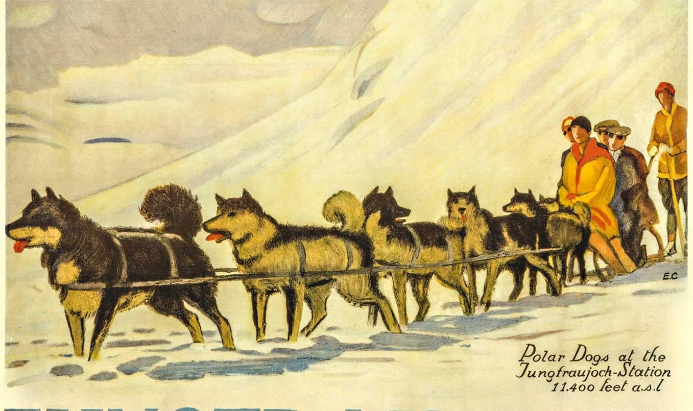 Originales Vintage-Poster, Jungfrauen-Eisenbahn, Berner Oberland, Vintage 1913 (Beige), Animal Print, von Emil Cardinaux