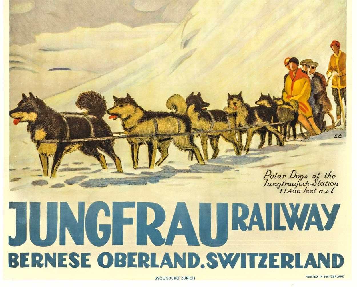 Das Originalplakat von Emil Cardinaux für die Jungfraubahn im Berner Oberland, Schweiz, ist ein klassisches Beispiel für die Reisewerbung des frühen 20. Jahrhunderts. Emil Cardinaux, ein Schweizer Künstler, der für seine Pionierarbeit in der