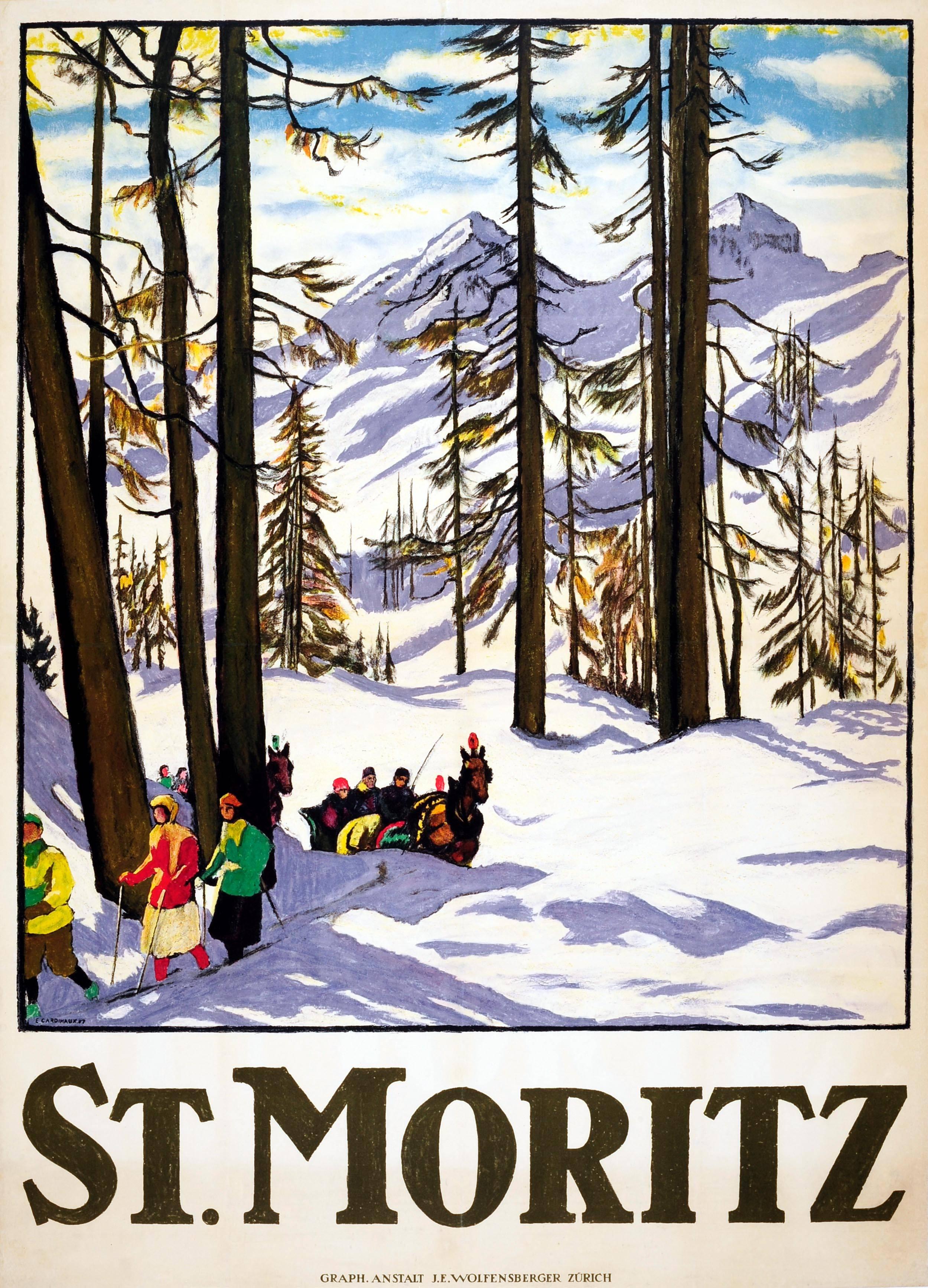 Emile Cardinaux - Rare Original Antique Winter Sport Ski Travel Poster for  St. Moritz Switzerland at 1stDibs | emile cardinaux