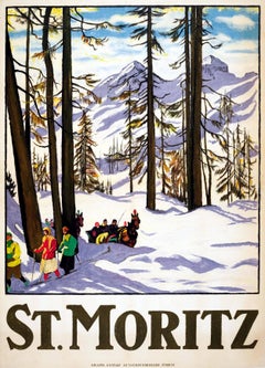 Rare affiche originale de voyage de ski d'hiver originale et ancienne pour St. Moritz:: Suisse