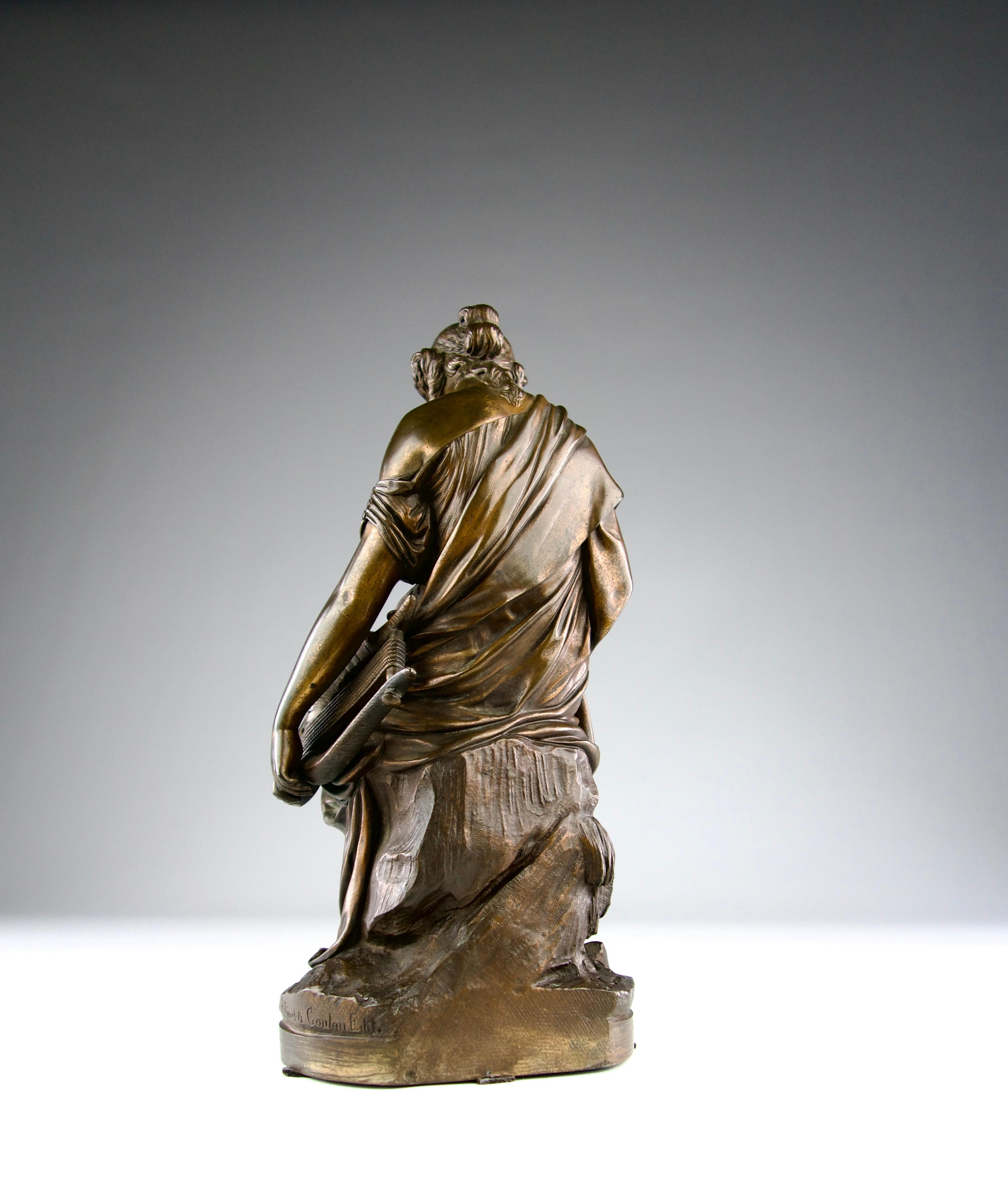Bronze Emile Carlier, Sculpture en bronze de Sappho et sa lyre au bord de la mer, 19e siècle en vente