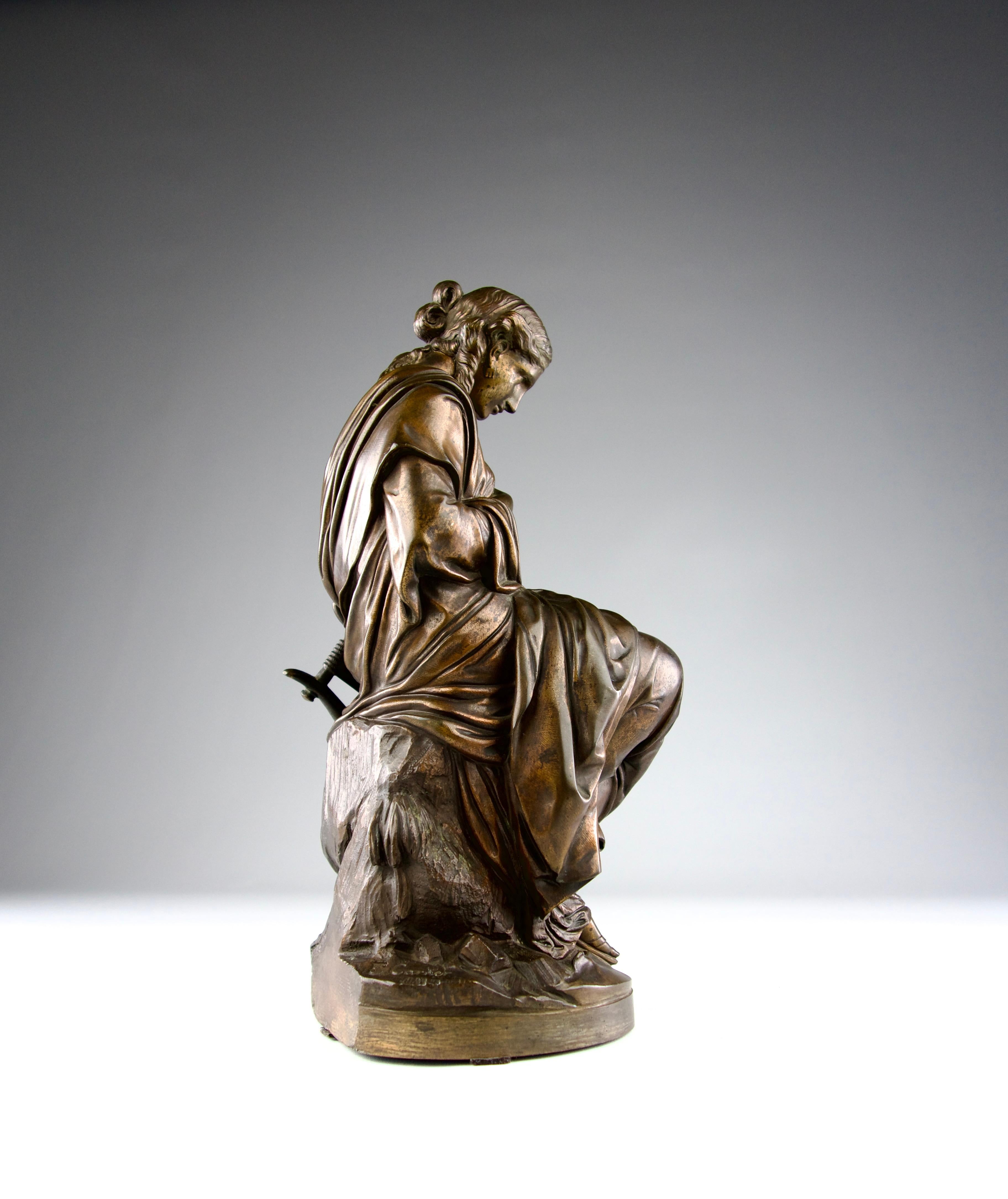 Emile Carlier, Bronzeskulptur des Saphirs und ihrer Leier am Meer, 19. Jahrhundert im Zustand „Gut“ im Angebot in PARIS, FR