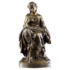Emile Carlier, Sculpture en bronze de Sappho et sa lyre au bord de la mer, 19e siècle