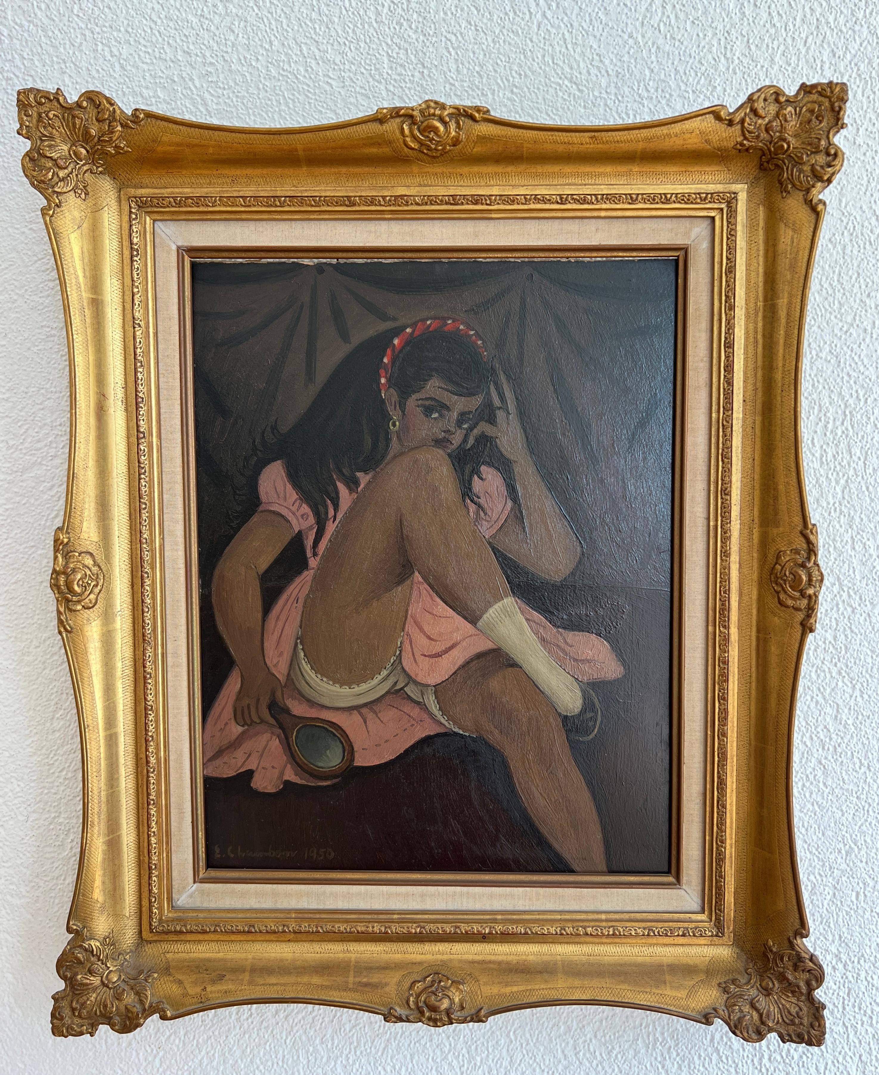 Mädchen mit rotem Kopfband und nackter Studie – Painting von Emile Chambon