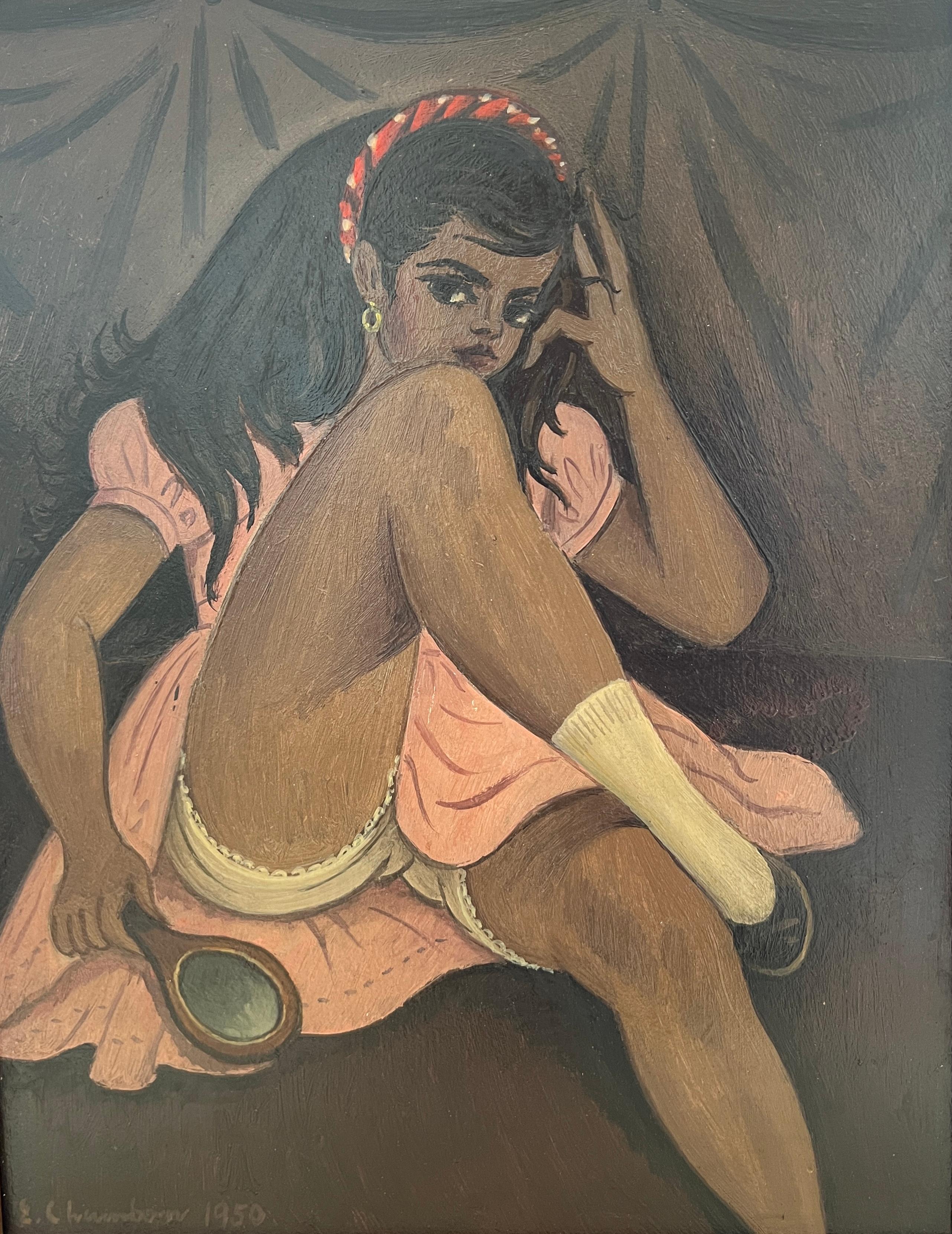 Emile Chambon Figurative Painting – Mädchen mit rotem Kopfband und nackter Studie