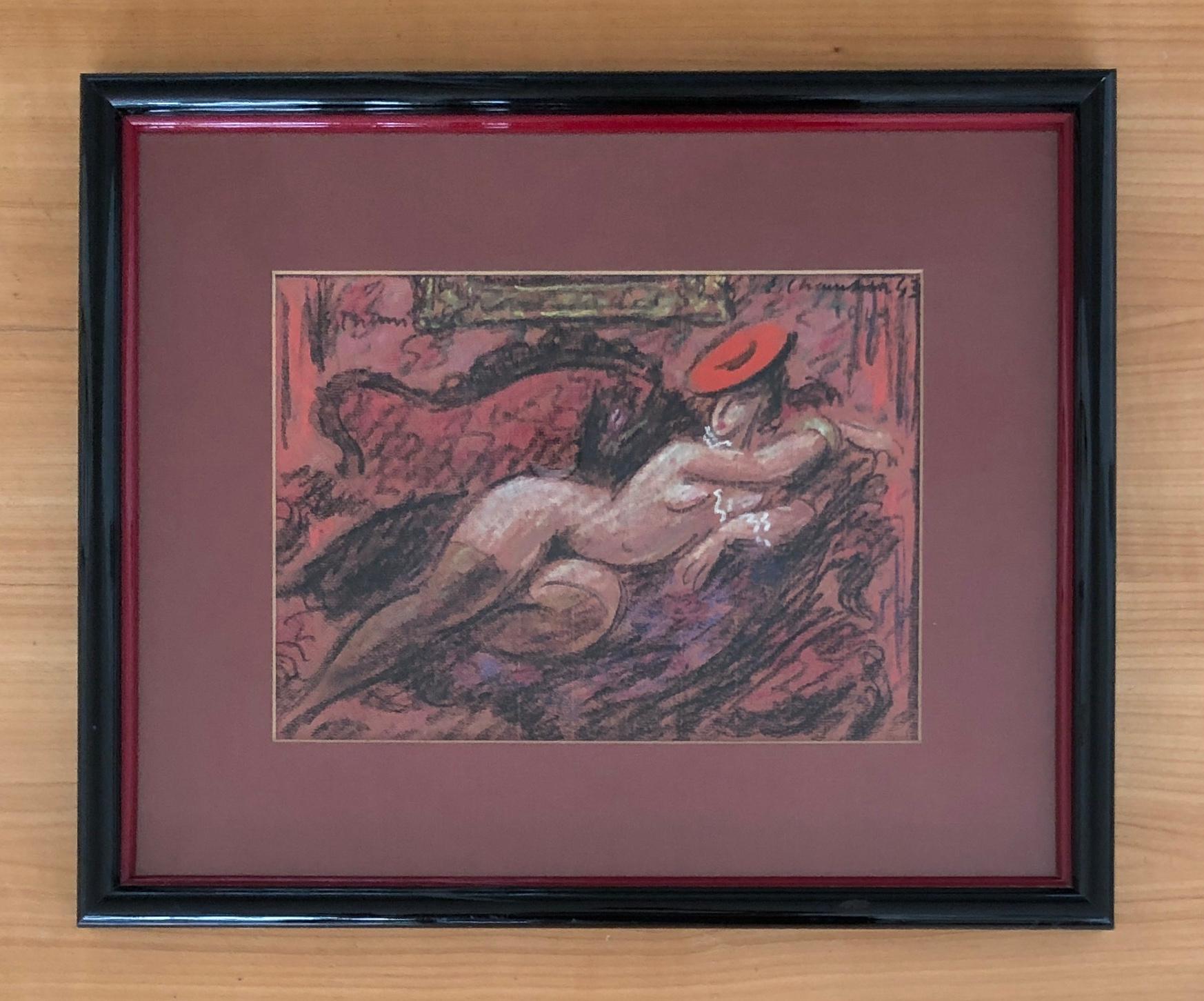 Eine sterbende Frau mit rotem Hut – Painting von Emile Chambon