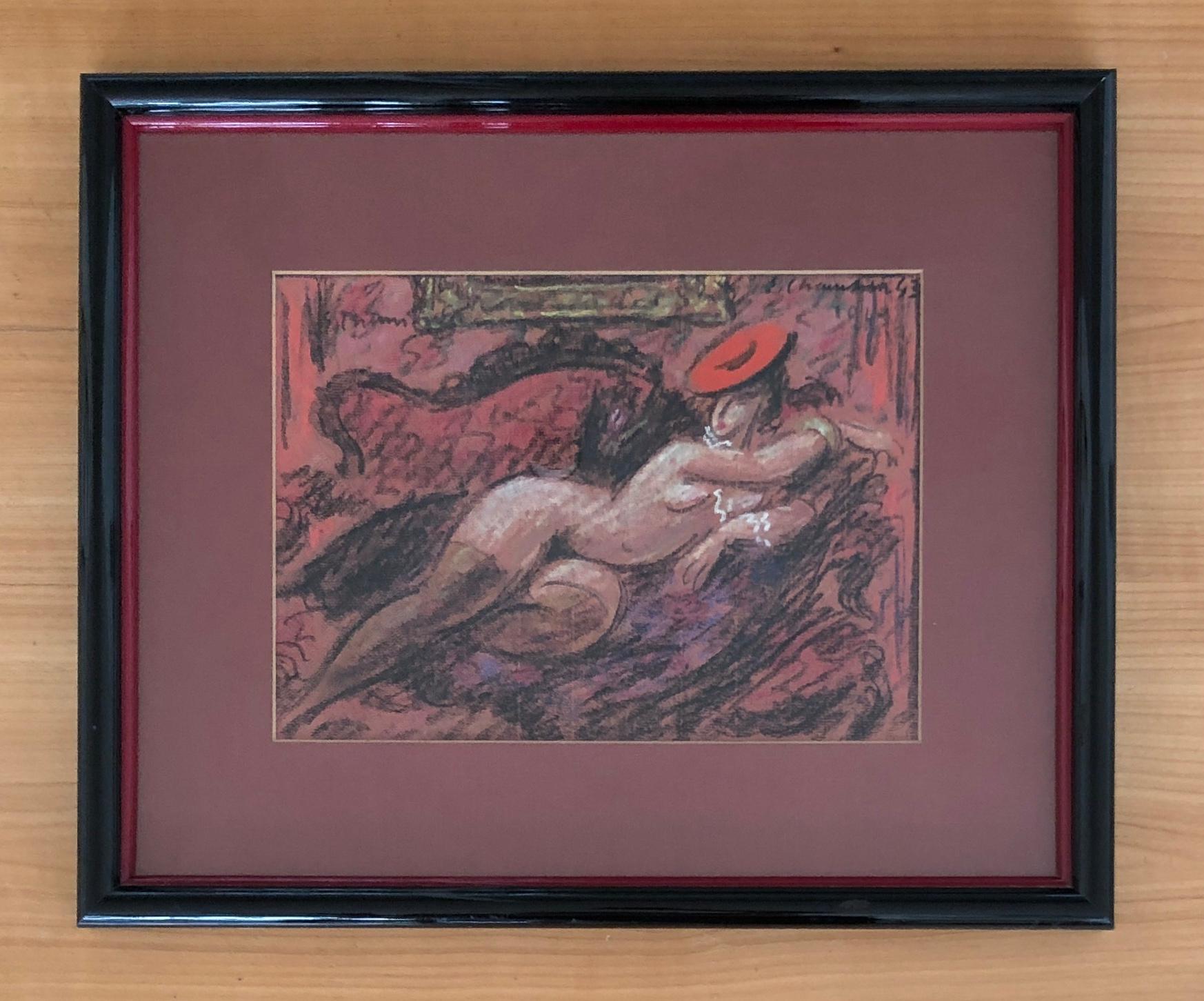 Mujer mentirosa con sombrero rojo - Painting de Emile Chambon