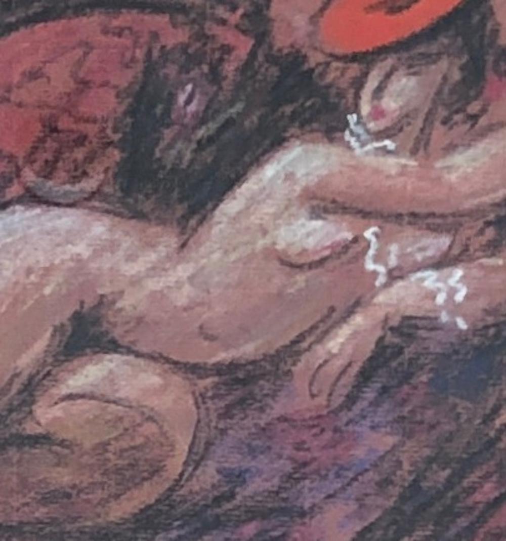 Mujer mentirosa con sombrero rojo - Nude Painting Gris de Emile Chambon