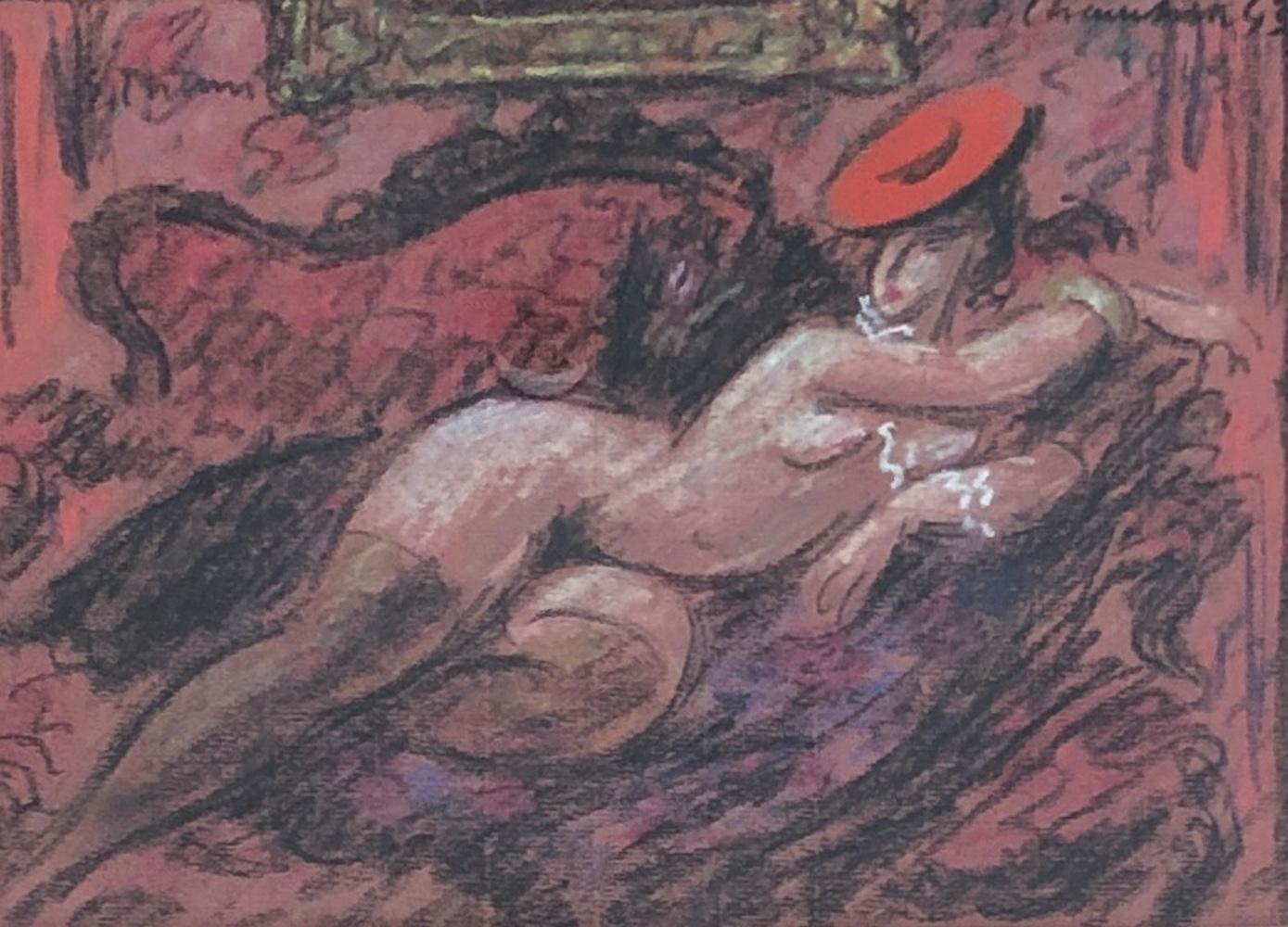 Emile Chambon Nude Painting – Eine sterbende Frau mit rotem Hut
