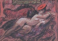 Vintage Lying woman in red hat