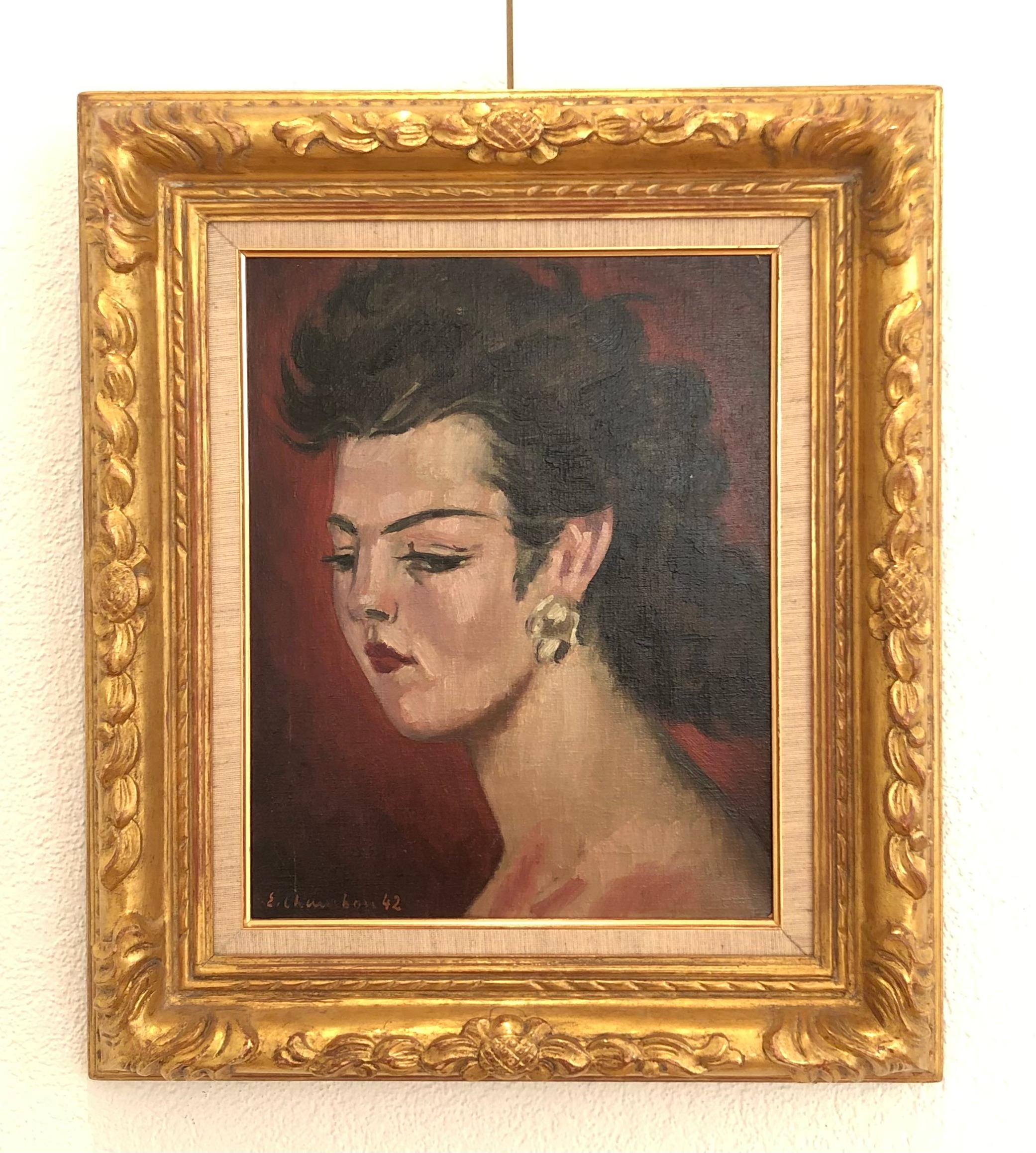 Ohrringporträt von Ludmilla Barta – Painting von Emile Chambon