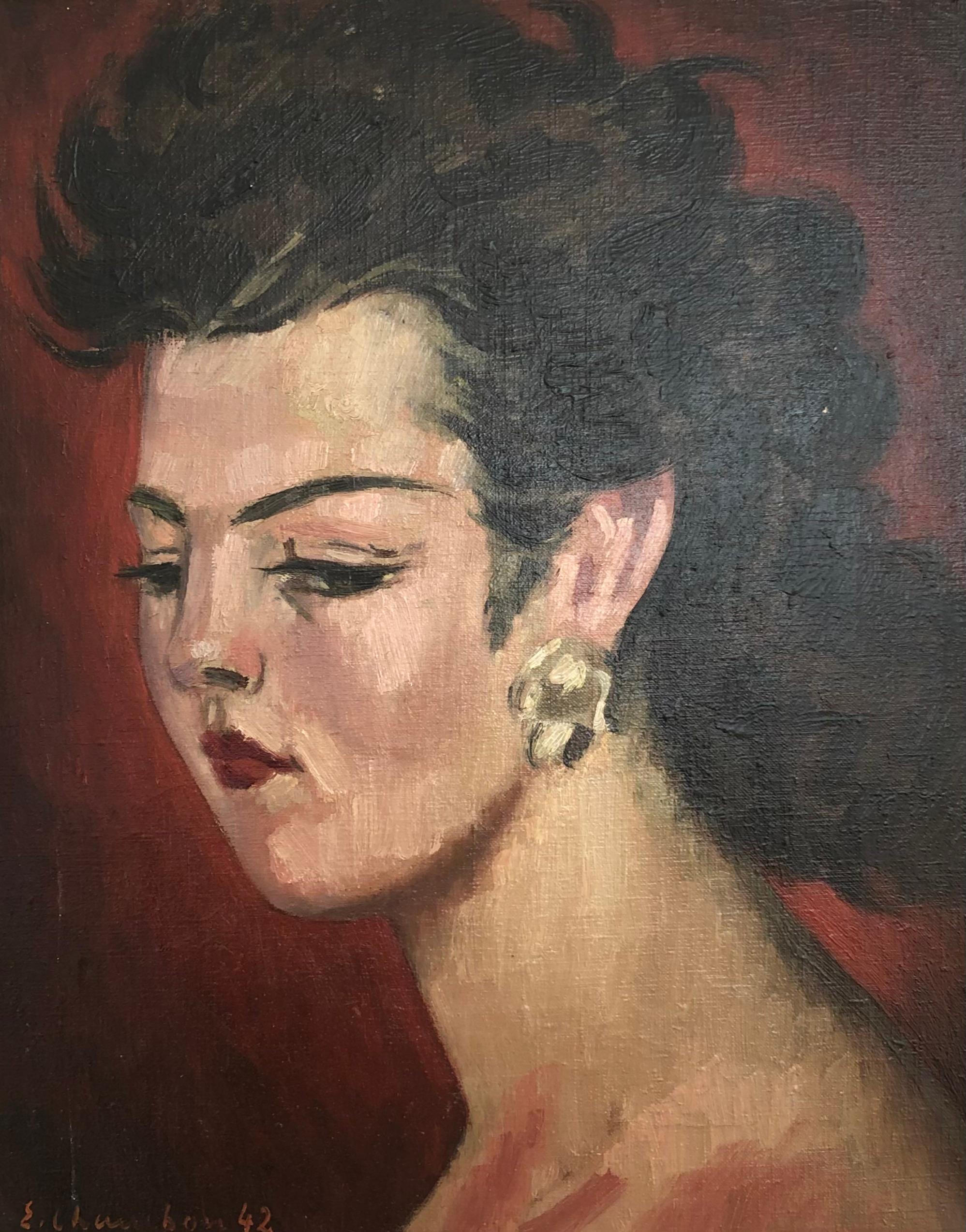 Emile Chambon Portrait Painting – Ohrringporträt von Ludmilla Barta