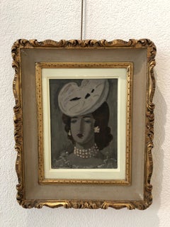 Portrait with white hat and pearl necklace