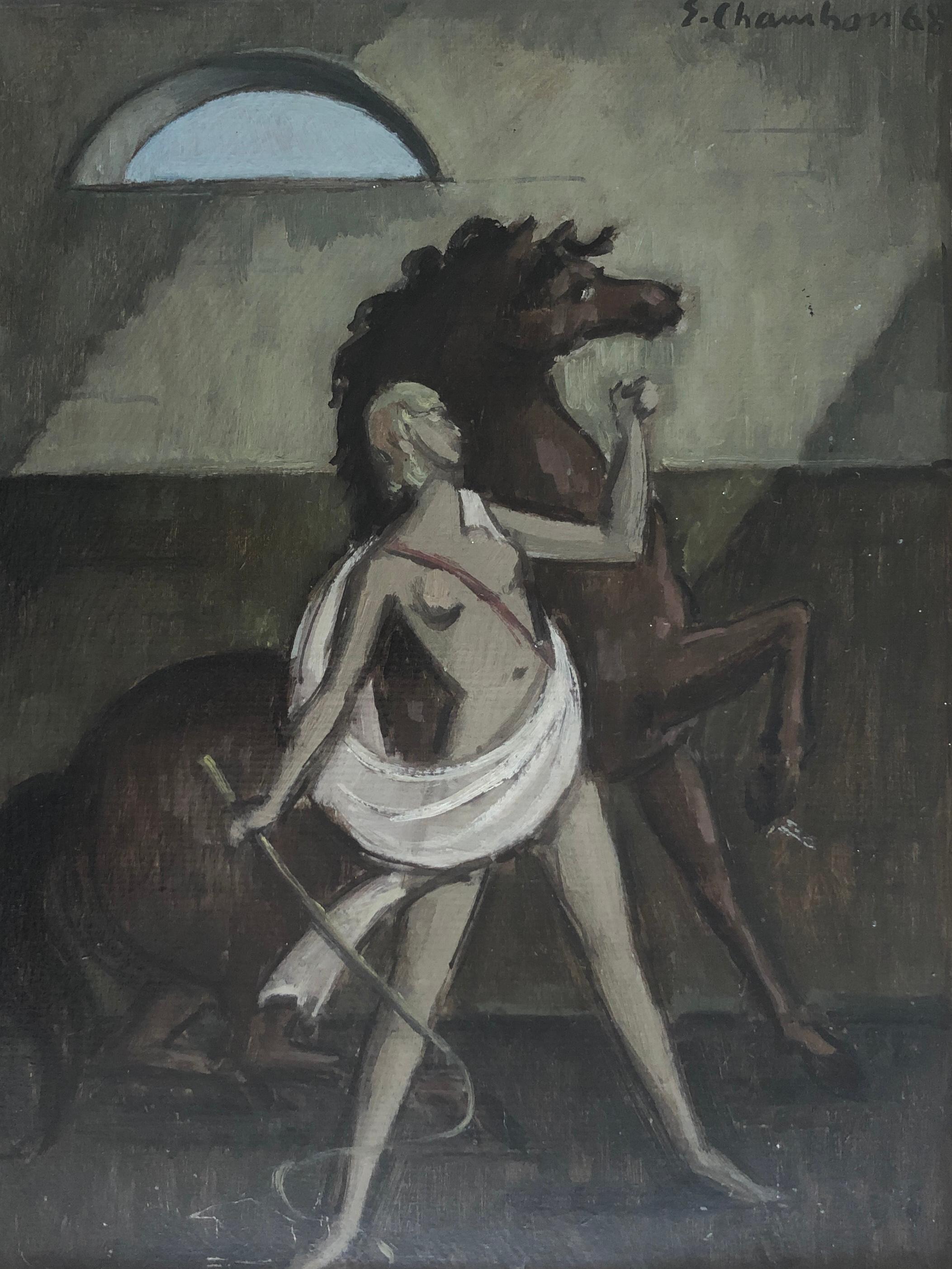 Emile Chambon Nude Painting – Woman mit Pferd und Lasso