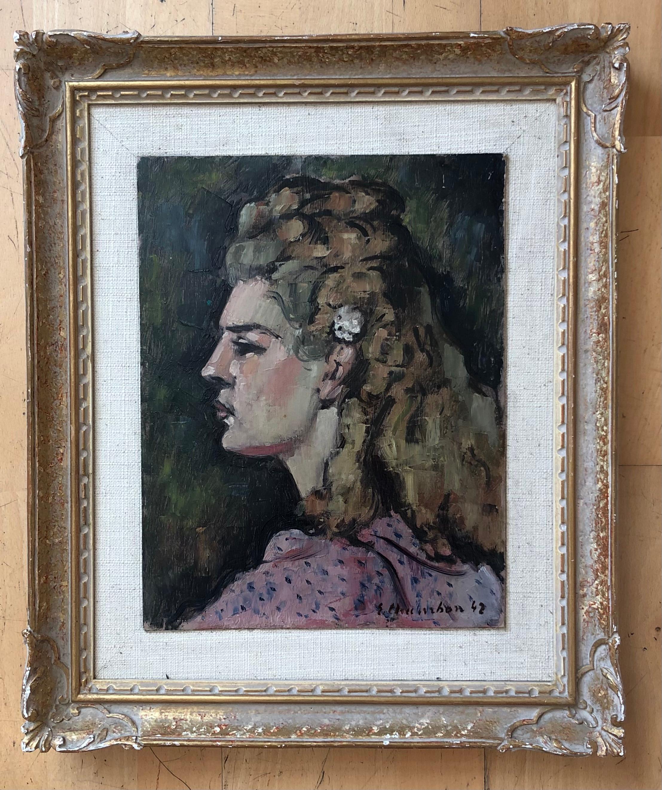 Young blonde woman posing in profile - Painting by Emile Chambon