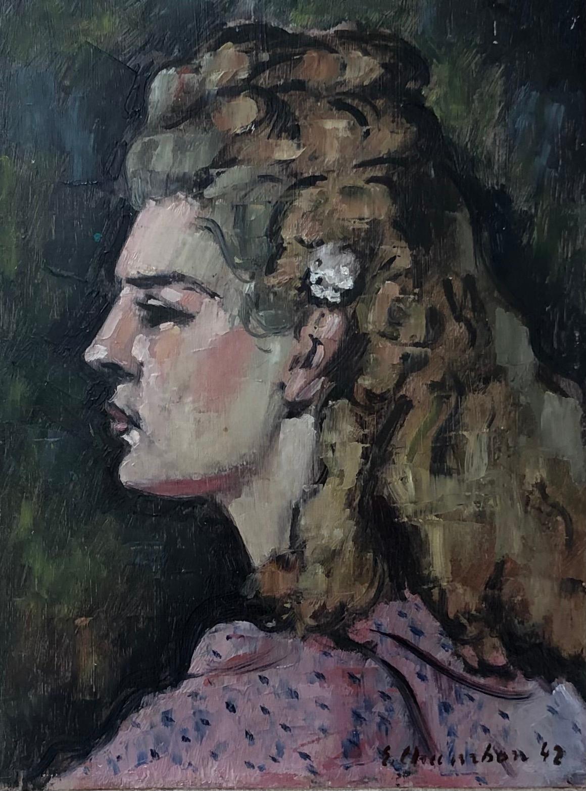Emile Chambon Portrait Painting - Young blonde woman posing in profile
