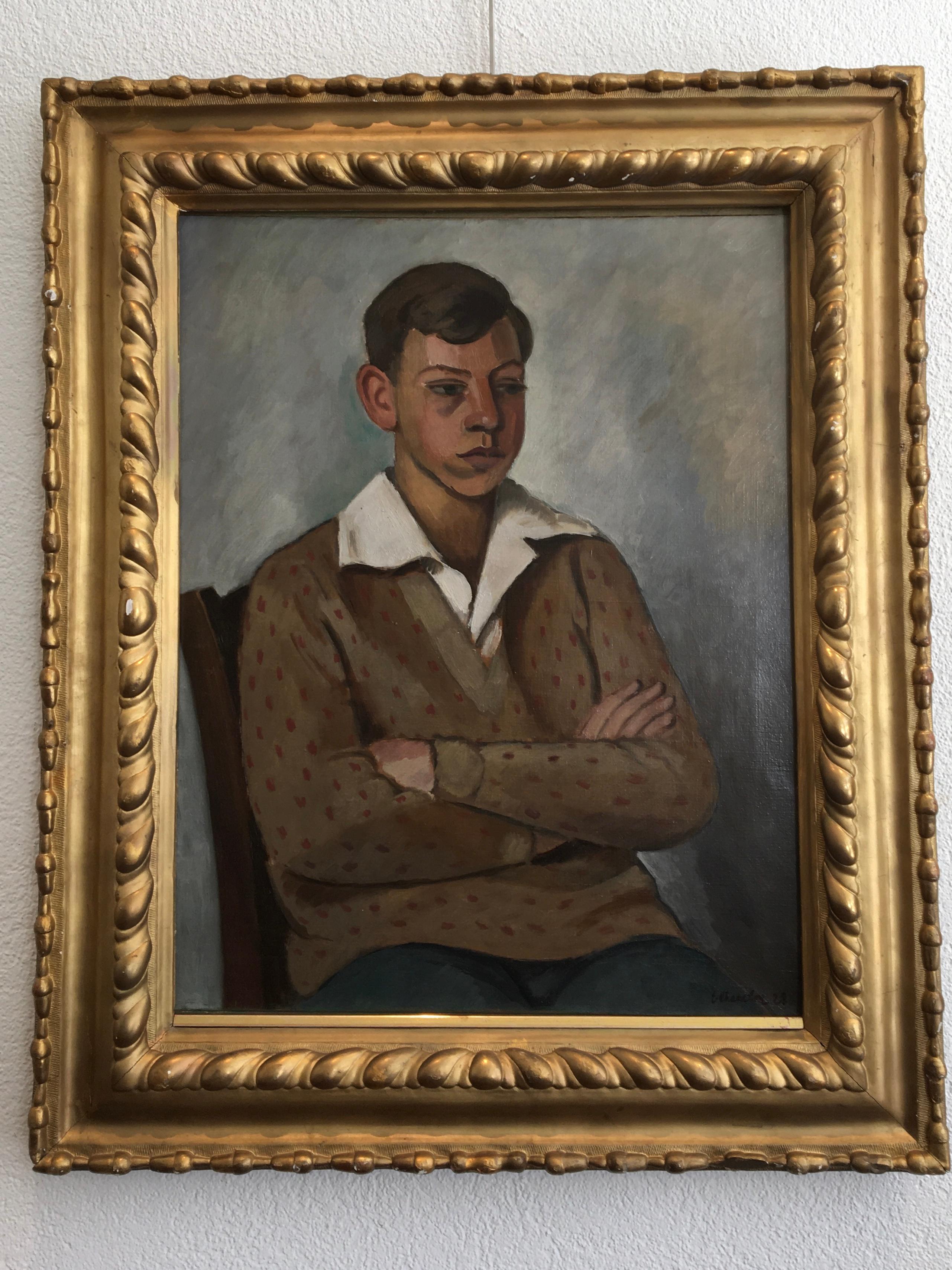 Young man sitting white collar and polka dot sweater - Painting by Emile Chambon
