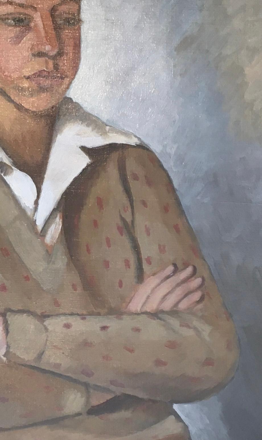 Young man sitting white collar and polka dot sweater - Gray Nude Painting by Emile Chambon