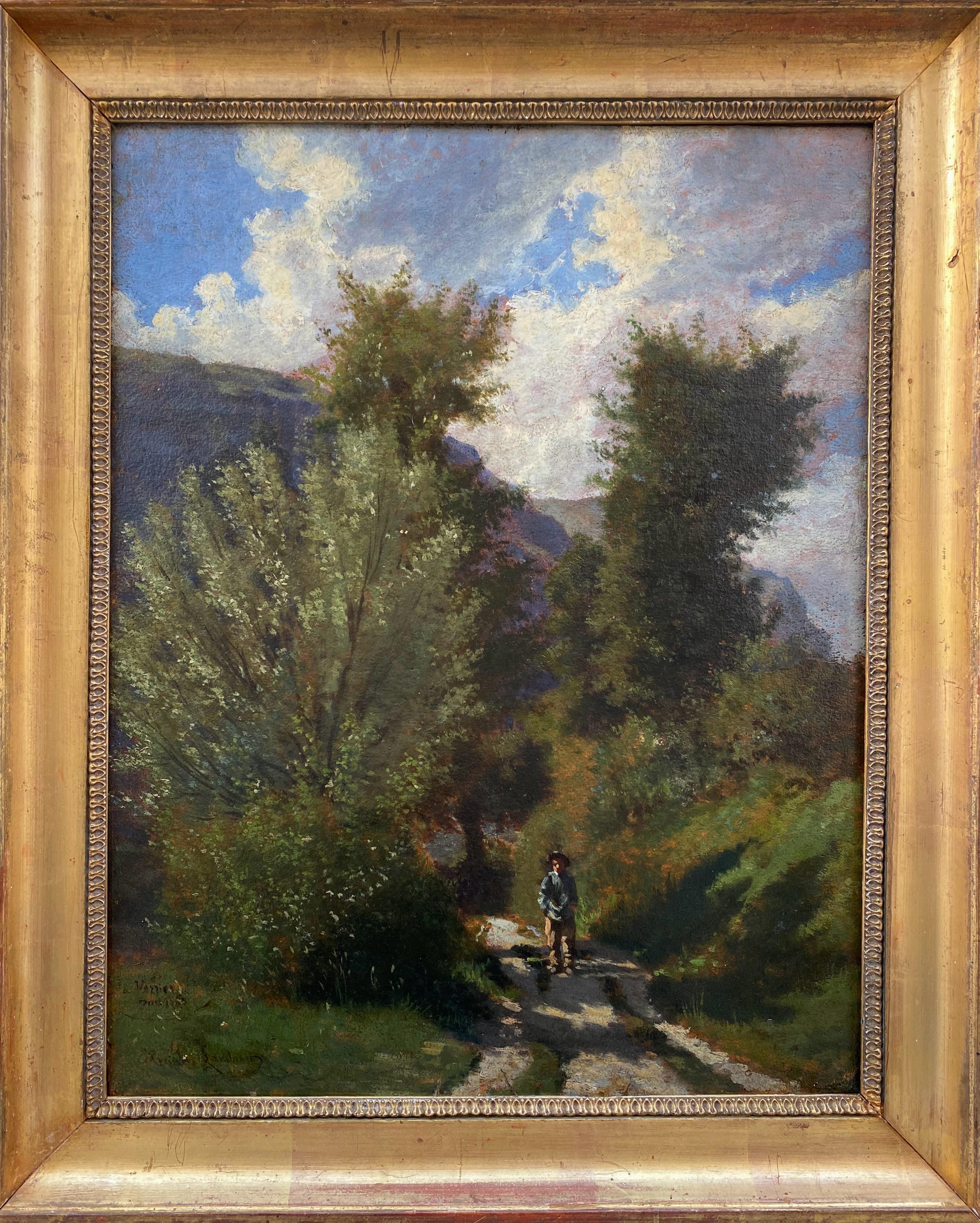 Corot student Barbizon School plein air painting landscape with figure 1863 - Painting by Emile Charles Lambinet