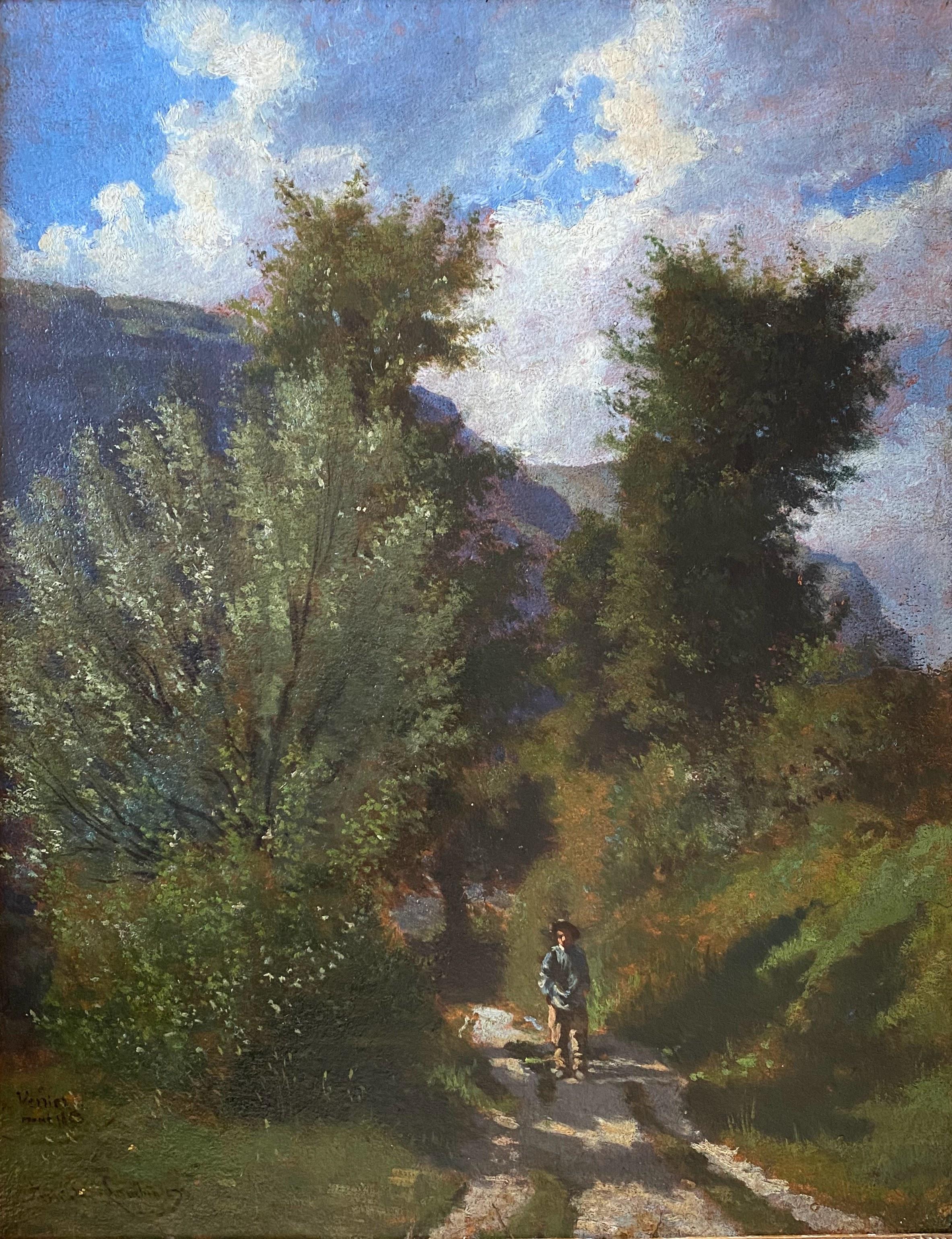 Corot student Barbizon School plein air painting landscape with figure 1863 - Brown Landscape Painting by Emile Charles Lambinet