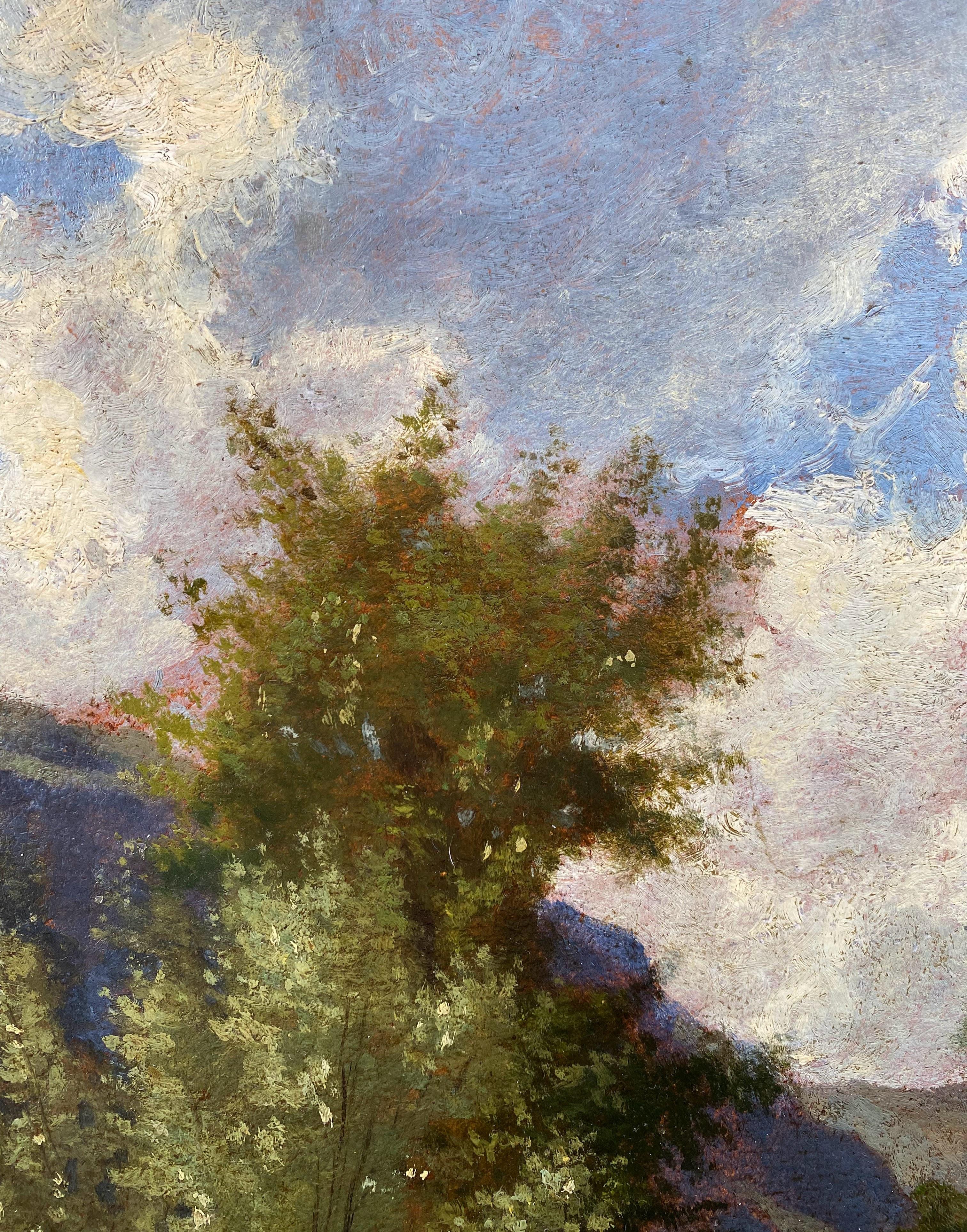 An extraordinarily fresh and timeless looking 19th Century scene with a figure walking in nature, by Corot student Emile Charles Lambinet. Lambinet's first teachers were Drolling and Horace Vernet, who notably taught him the art of historical