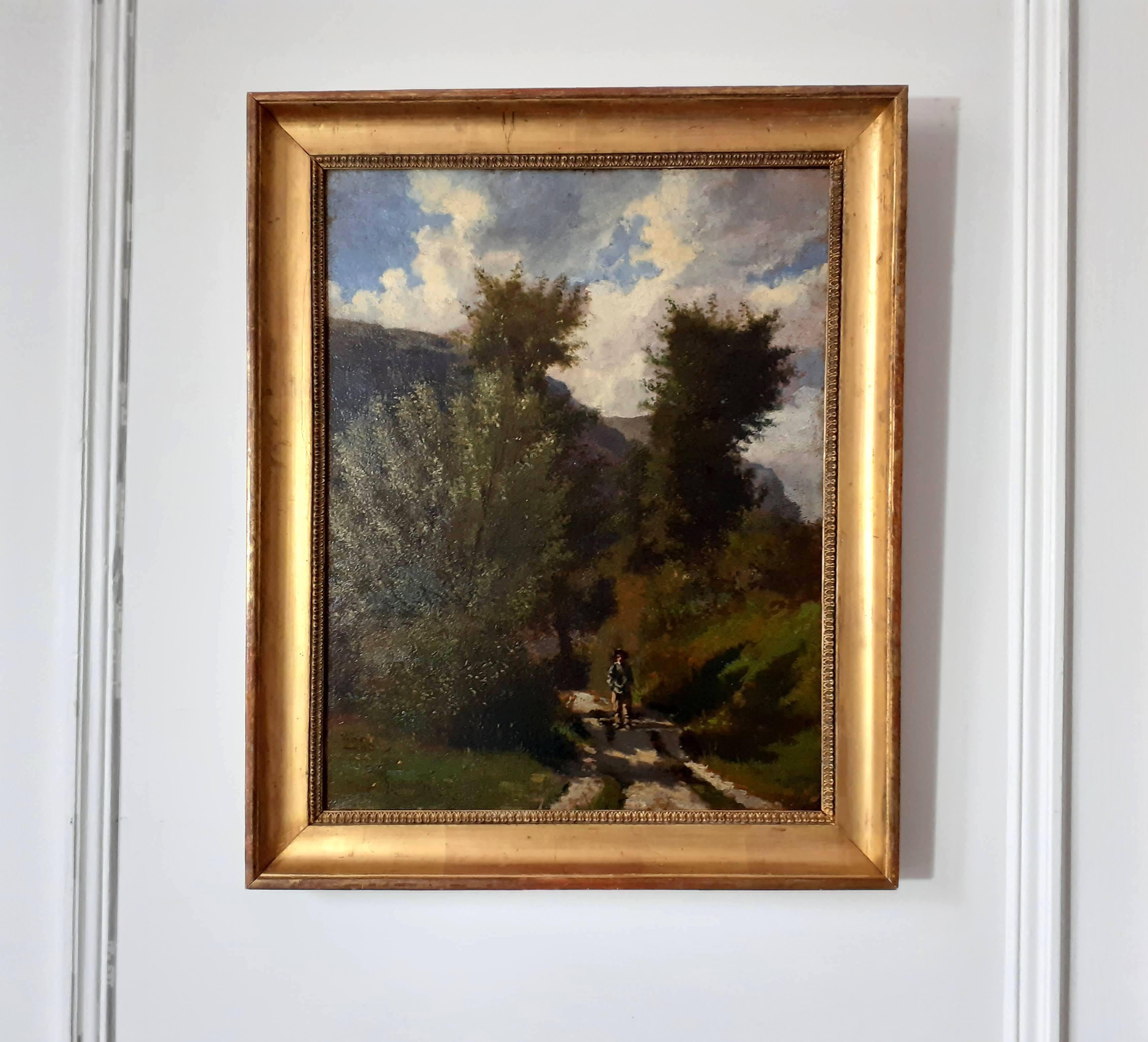 Corot student Barbizon School plein air painting landscape with figure 1863 1