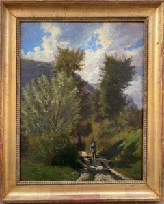 Corot student Barbizon School plein air painting landscape with figure 1863 