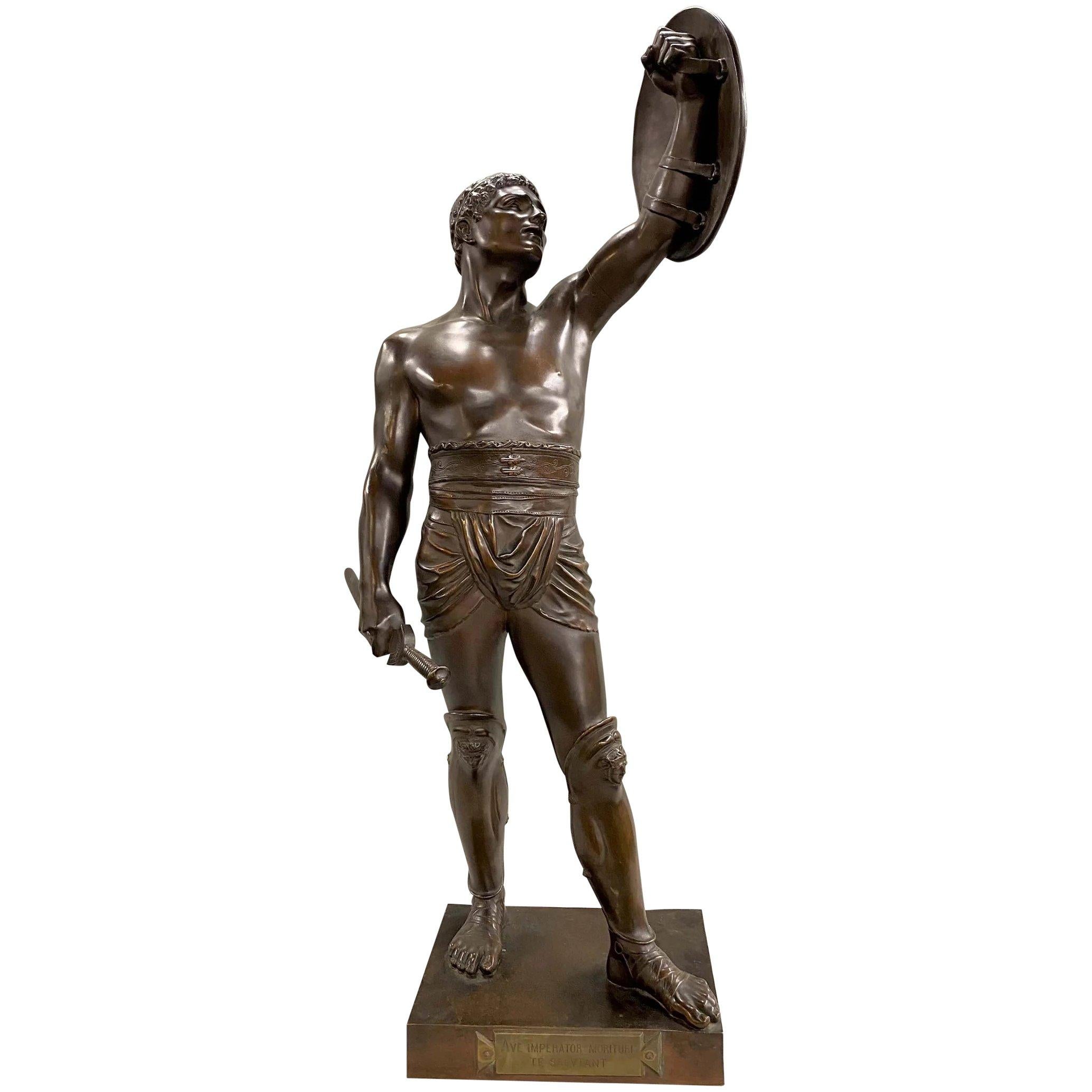 Emile Coriolan Hippolyte Guillemin Figurative Sculpture - Figural Bronze of Gladiator Retiarius , Ave Imperator Morituri Te Salutant